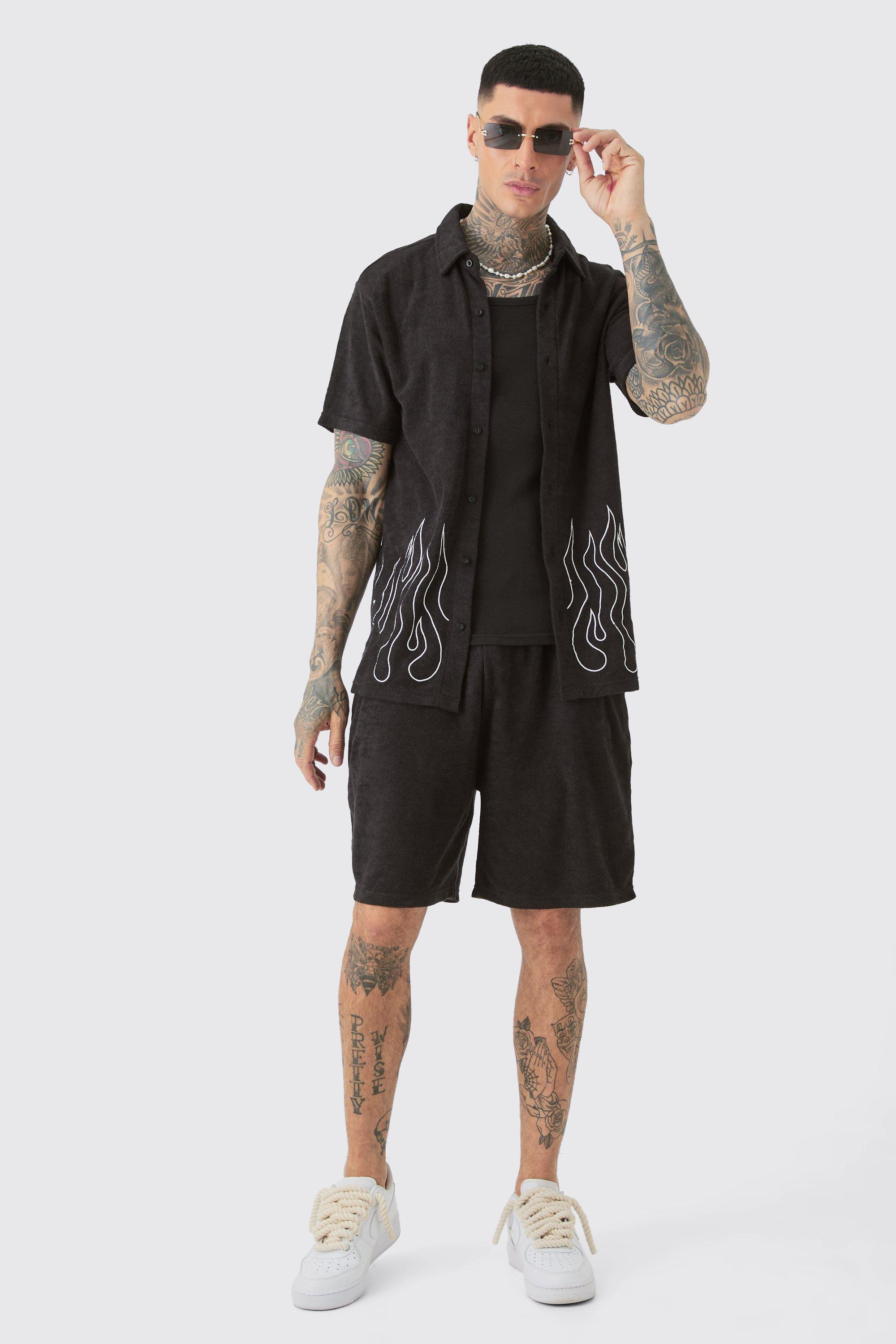 Mens Tall Flame Embroidered Towelling Shirt & Short Set Black, Black