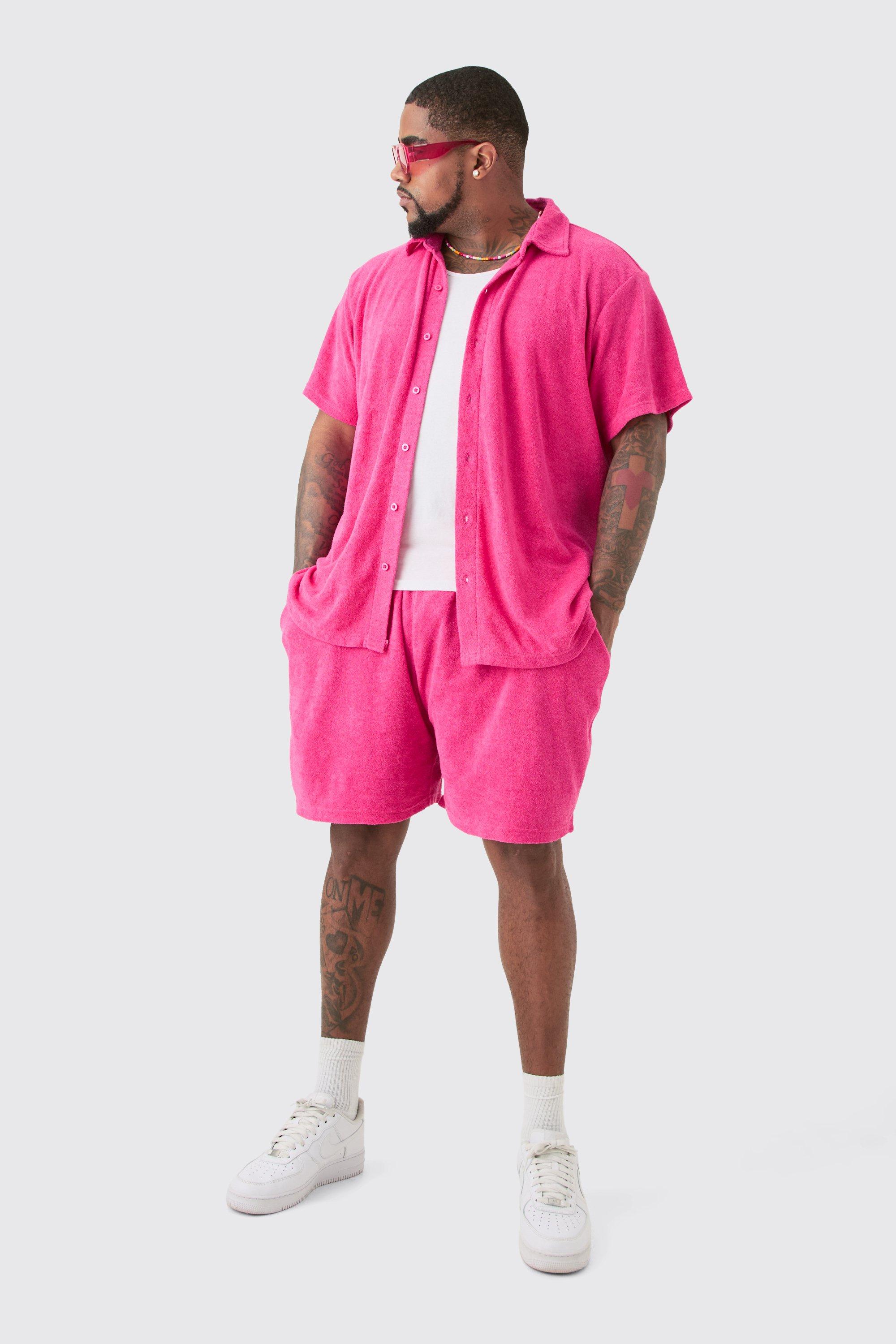 Mens Plus Towelling Shirt & Short Set in Pink, Pink