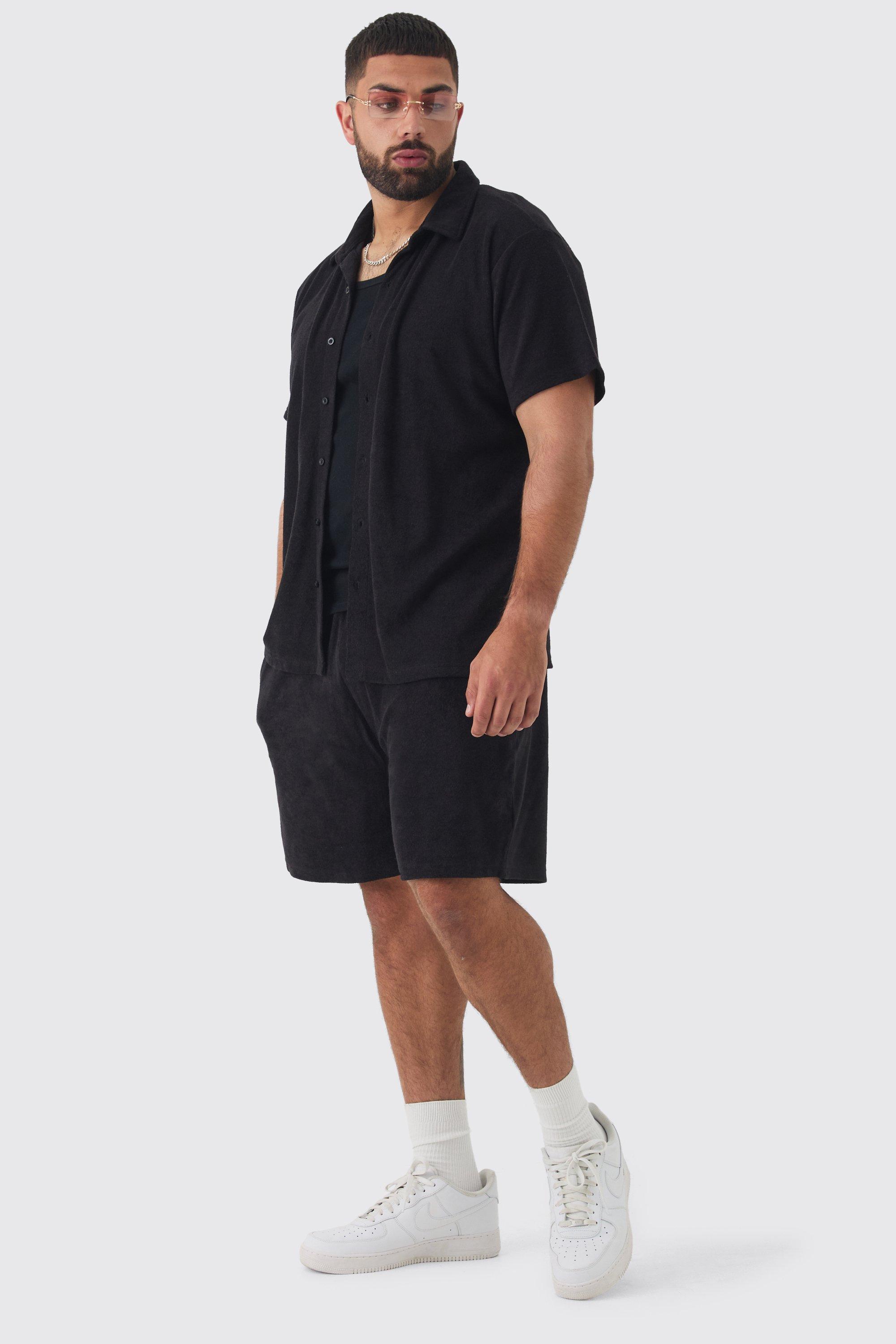 Mens Plus Towelling Shirt & Short Set In Black, Black