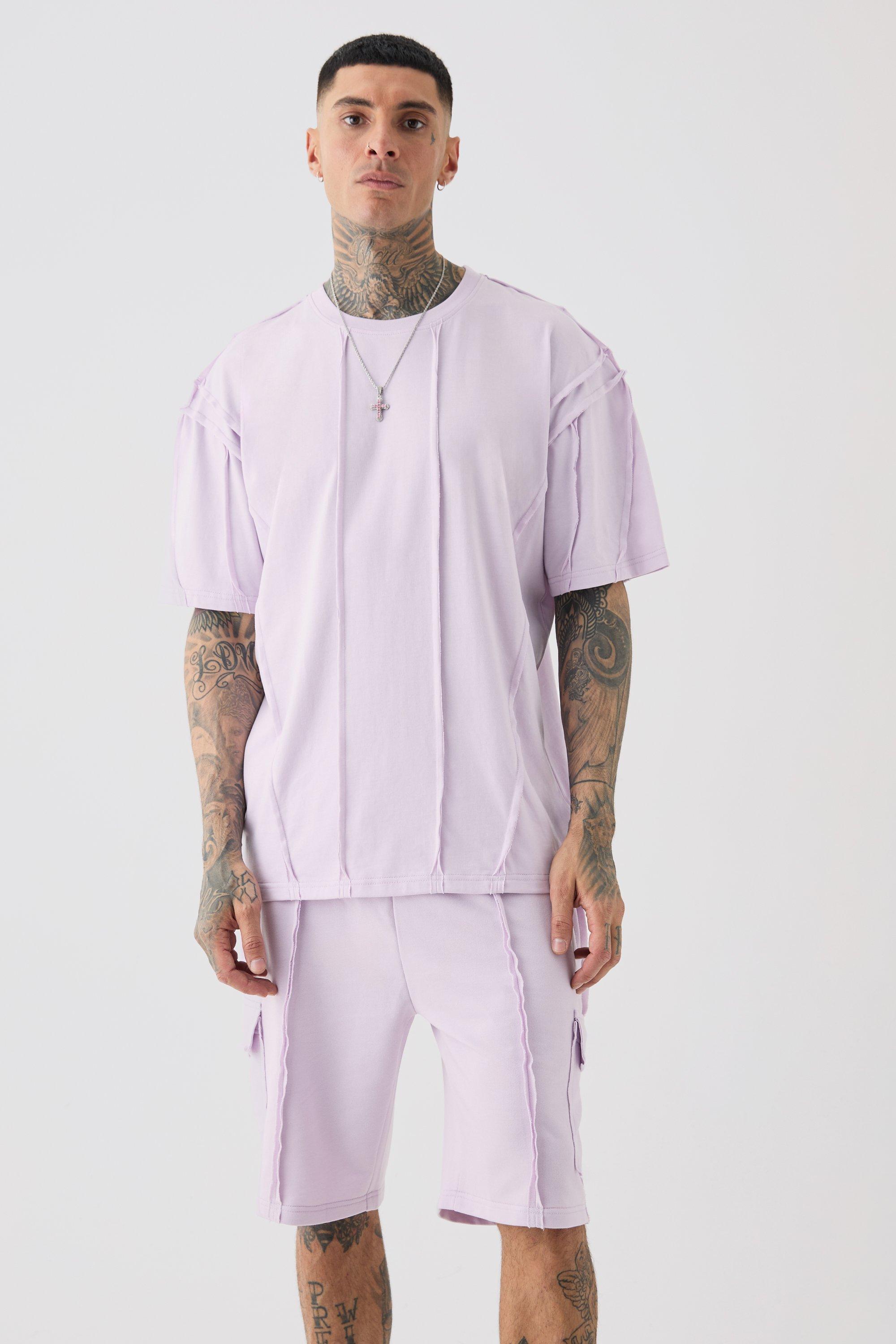 Mens Purple Tall Oversized Raw Interlock Seam T-shirt & Cargo Short Set, Purple