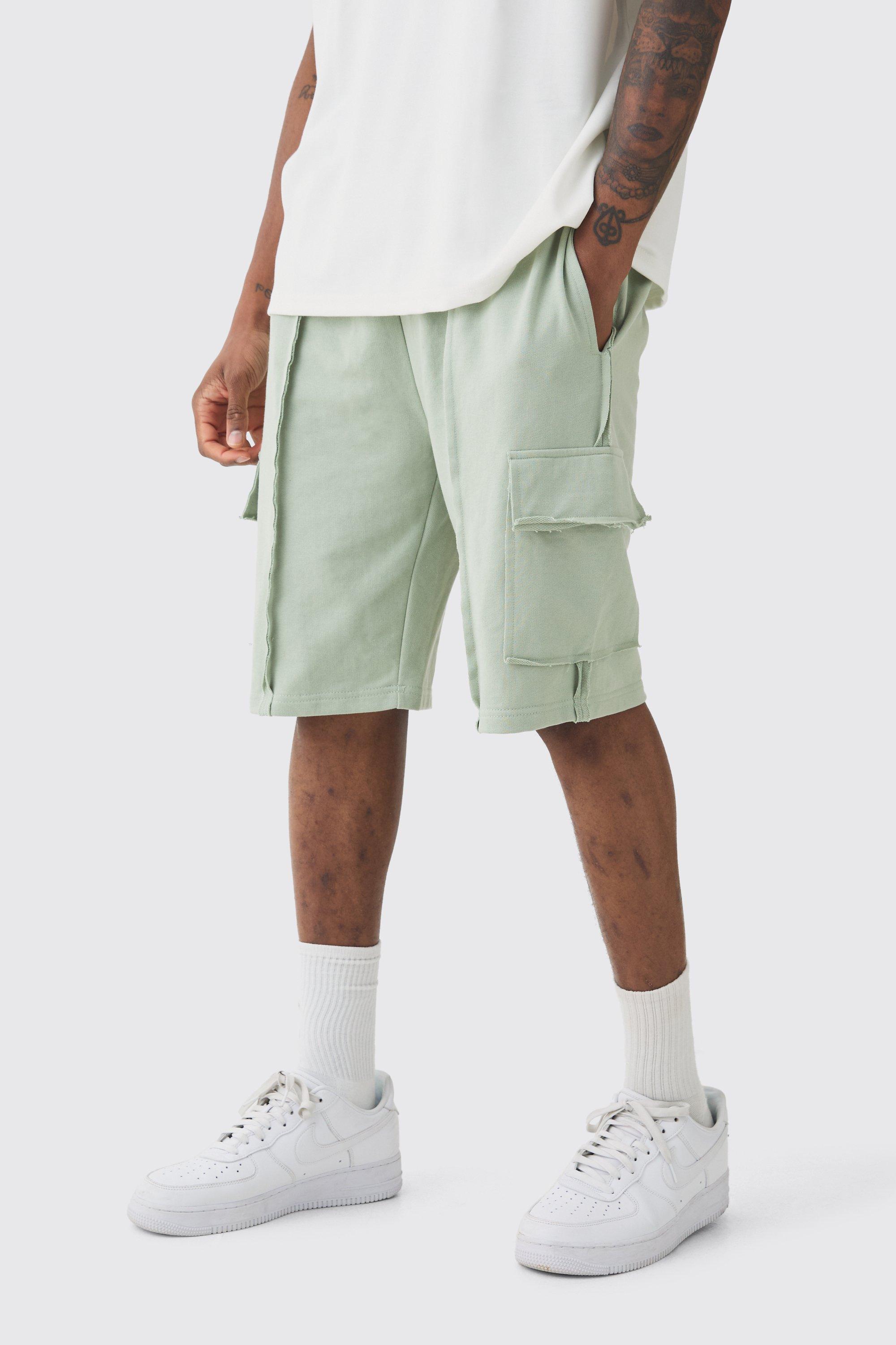 Mens Green Tall Loose Fit Raw Interlock Seam Cargo Jersey Short, Green