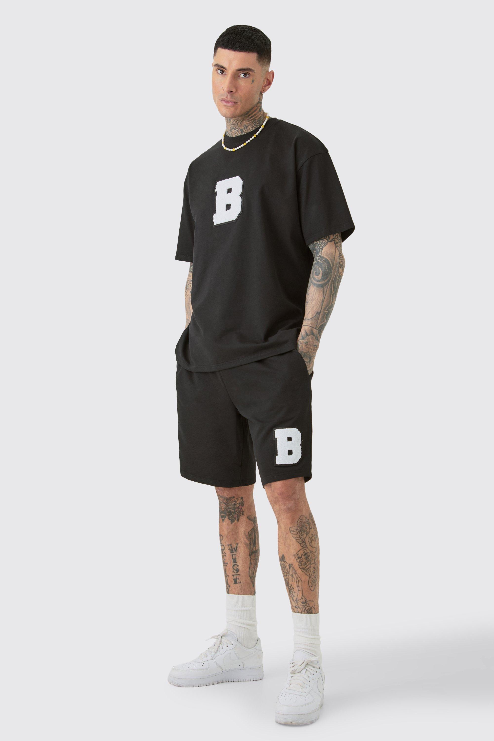 Mens Black Tall Oversized Applique T-shirt & Short Set, Black