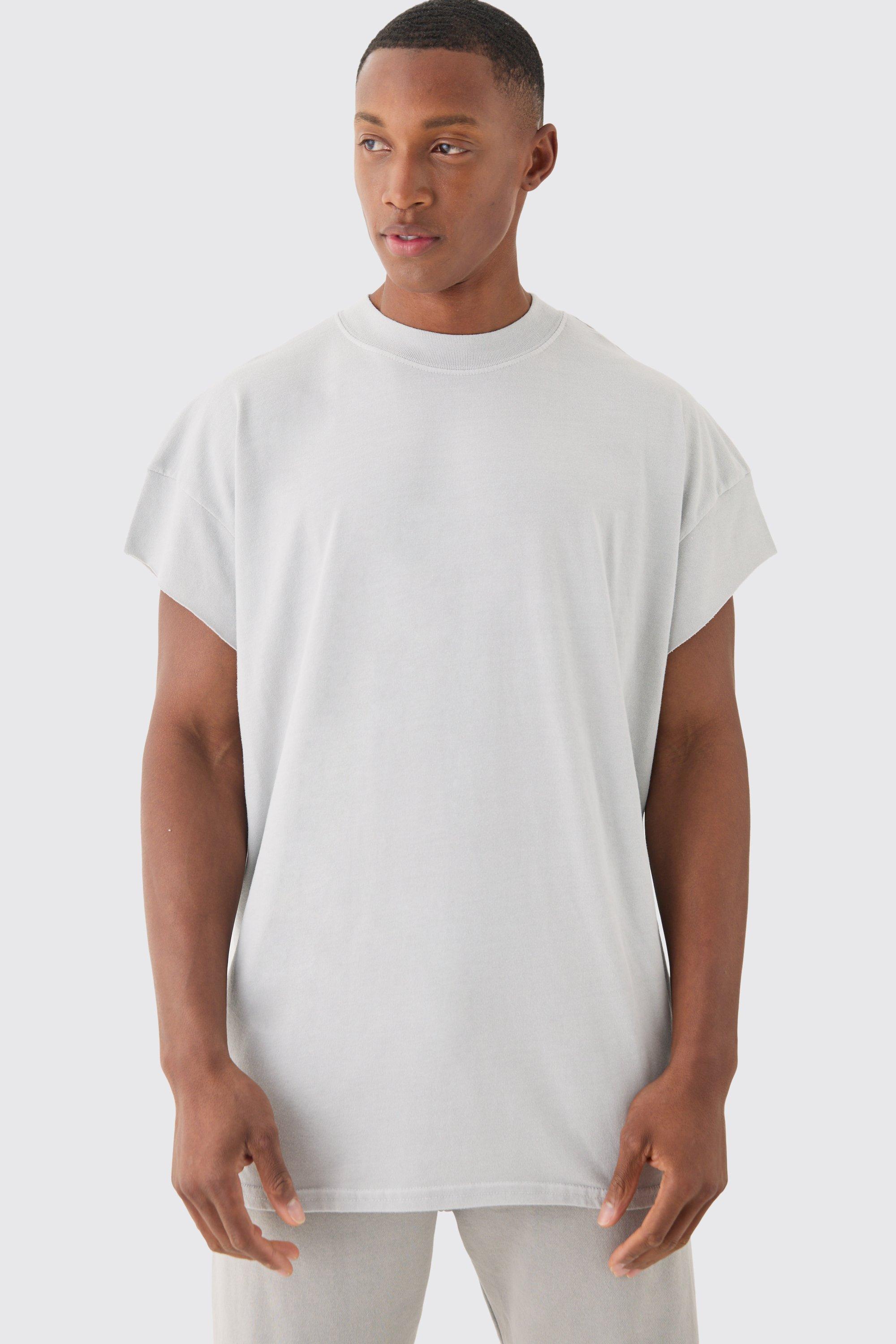 Image of Oversized Wash Cut Off Sleeves T-shirt, Grigio