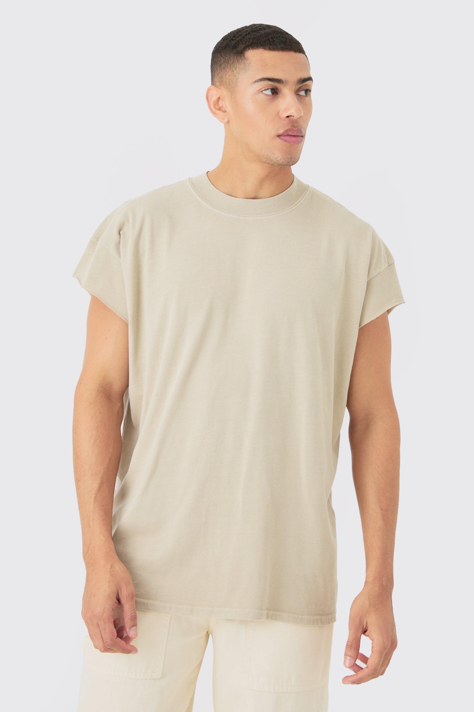 Image of Oversized Wash Cut Off Sleeves T-shirt, Beige