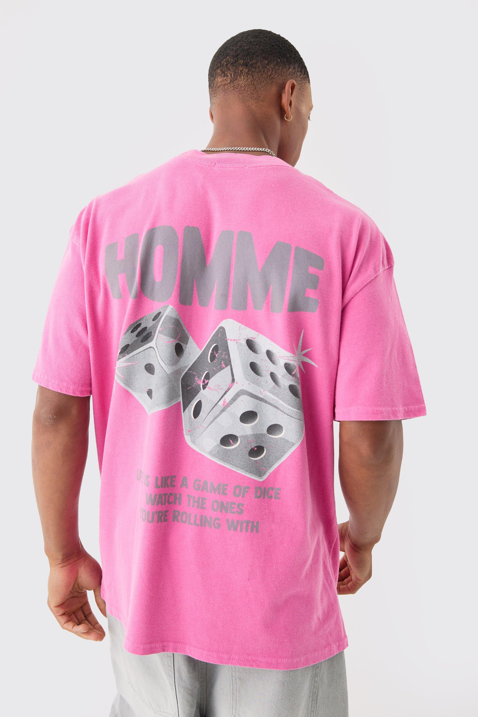 Mens Pink Oversized Extended Neck Dice Wash T-shirt, Pink