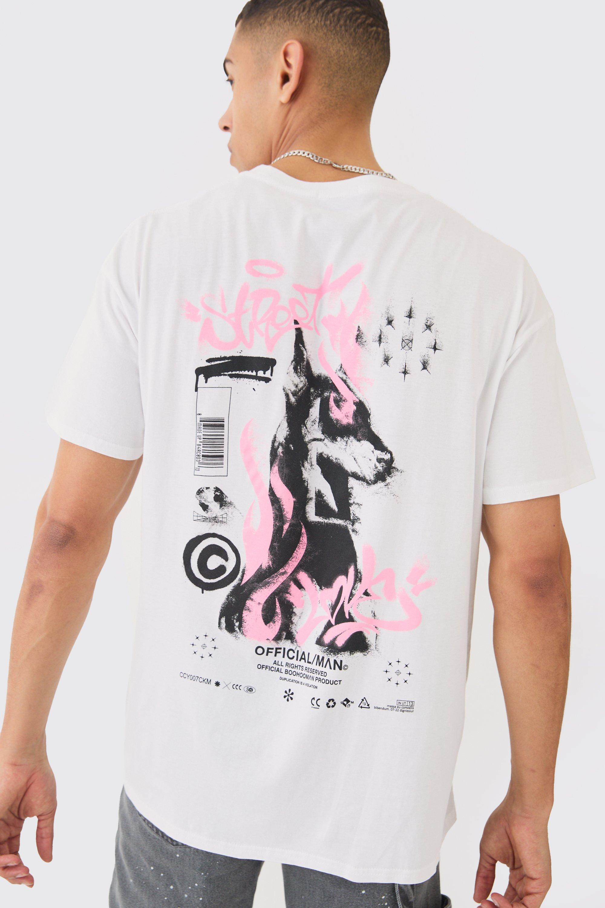 Mens White Oversized Dog Graffiti Graphic T-shirt, White