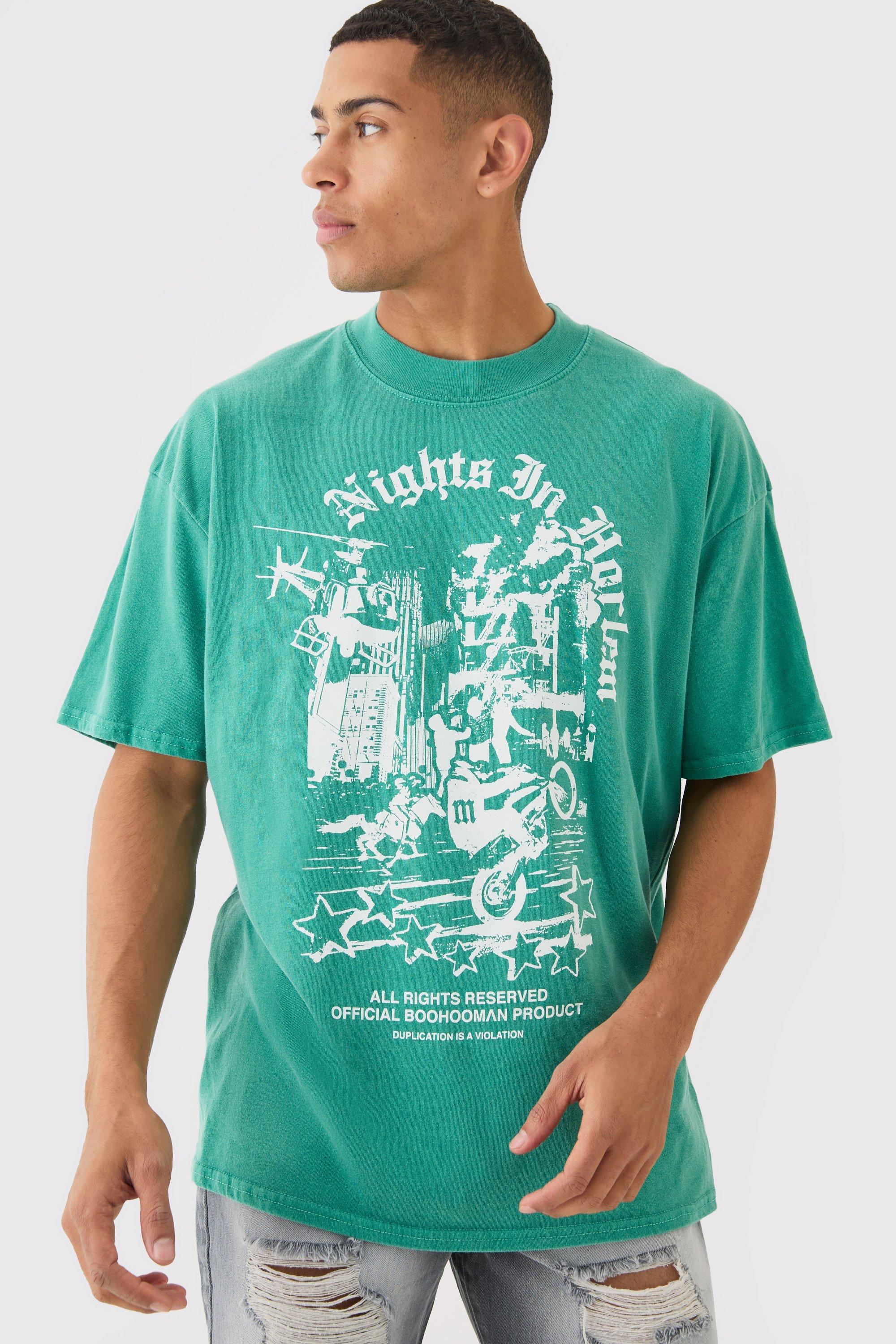 Image of Oversized Washed Nights In Horlem T-shirt, Verde