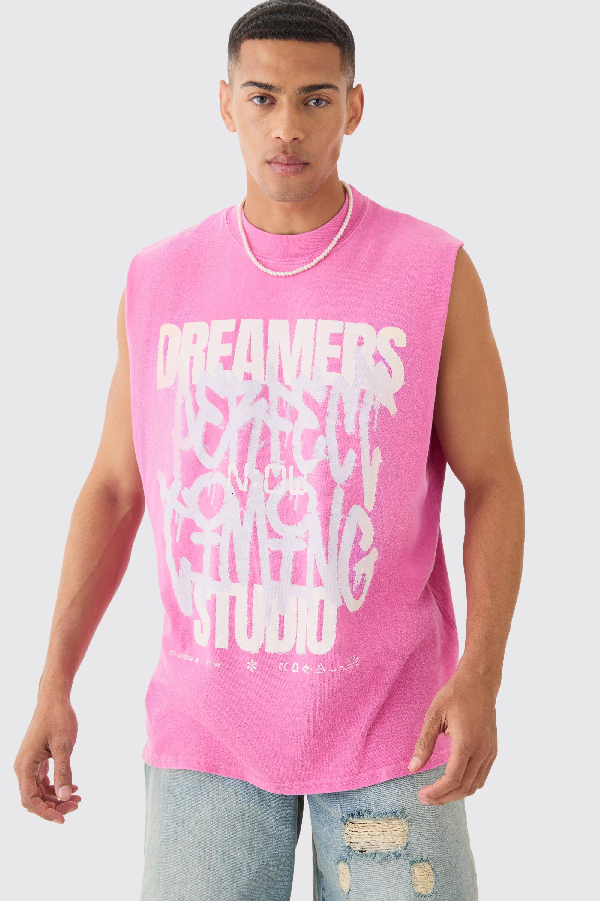 Image of Oversized Dreamers Graffiti Printed Wash Tank, Pink