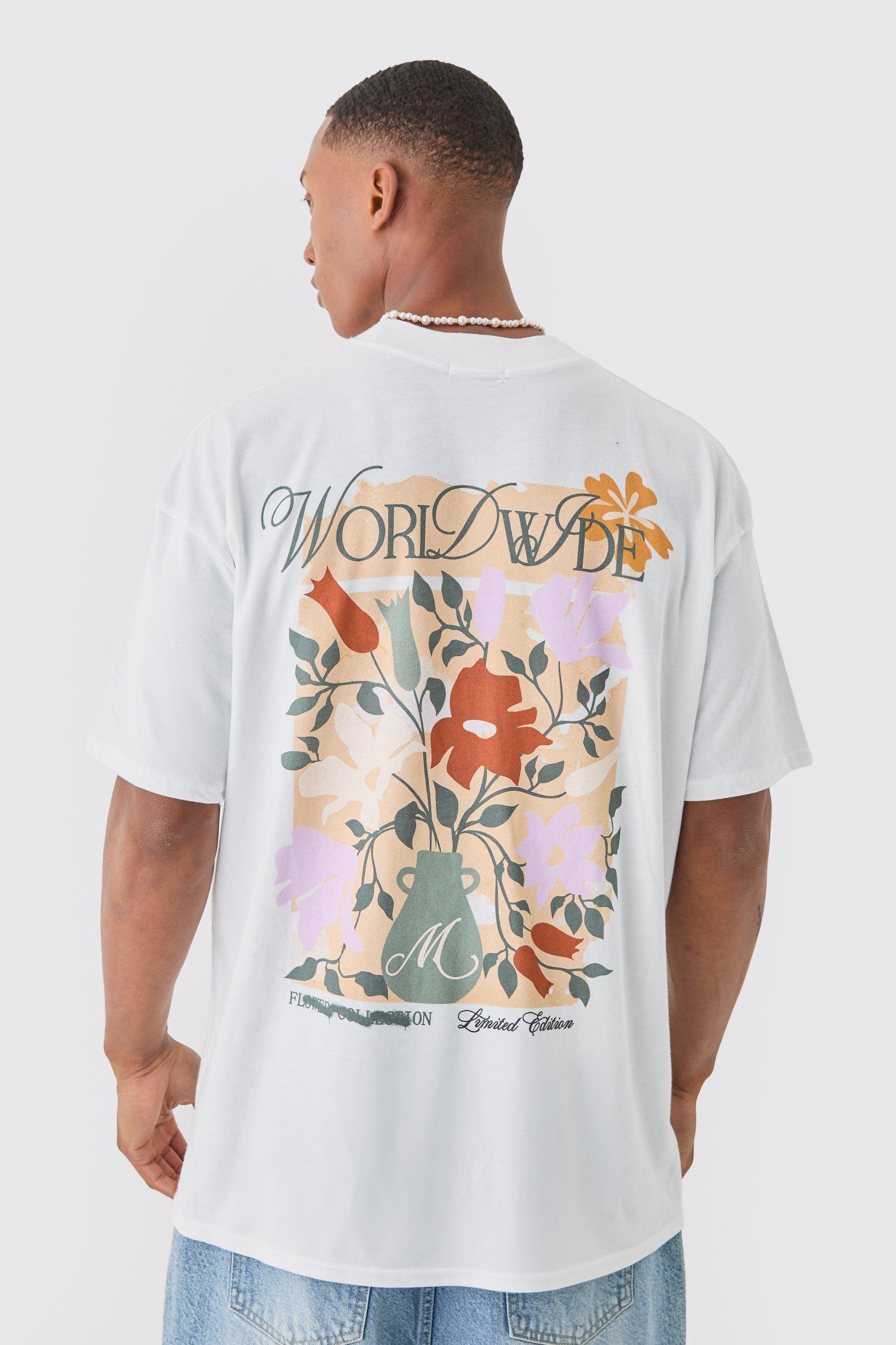 Image of Oversized Floral Worldwide Print T-shirt, Bianco