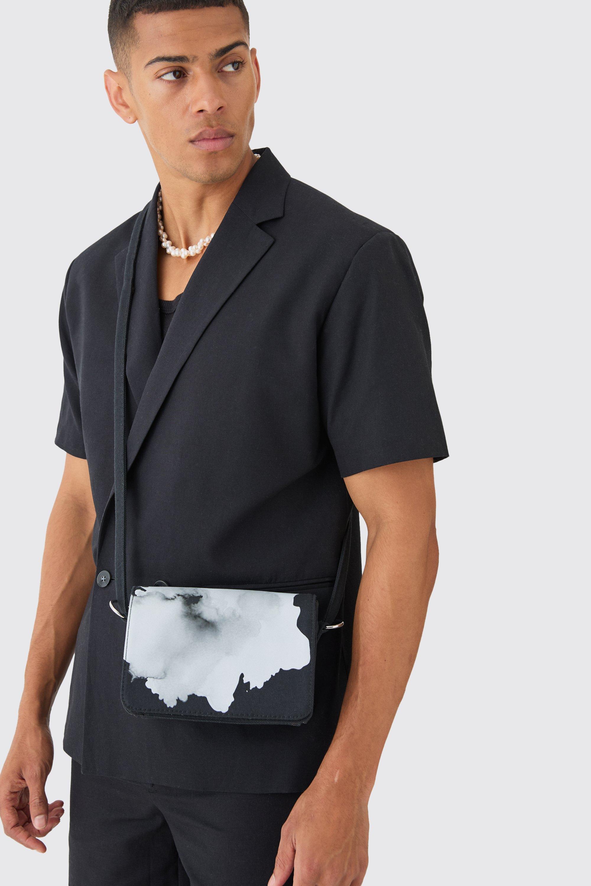 Mens Twill Printed Shoulder Bag In Black, Black