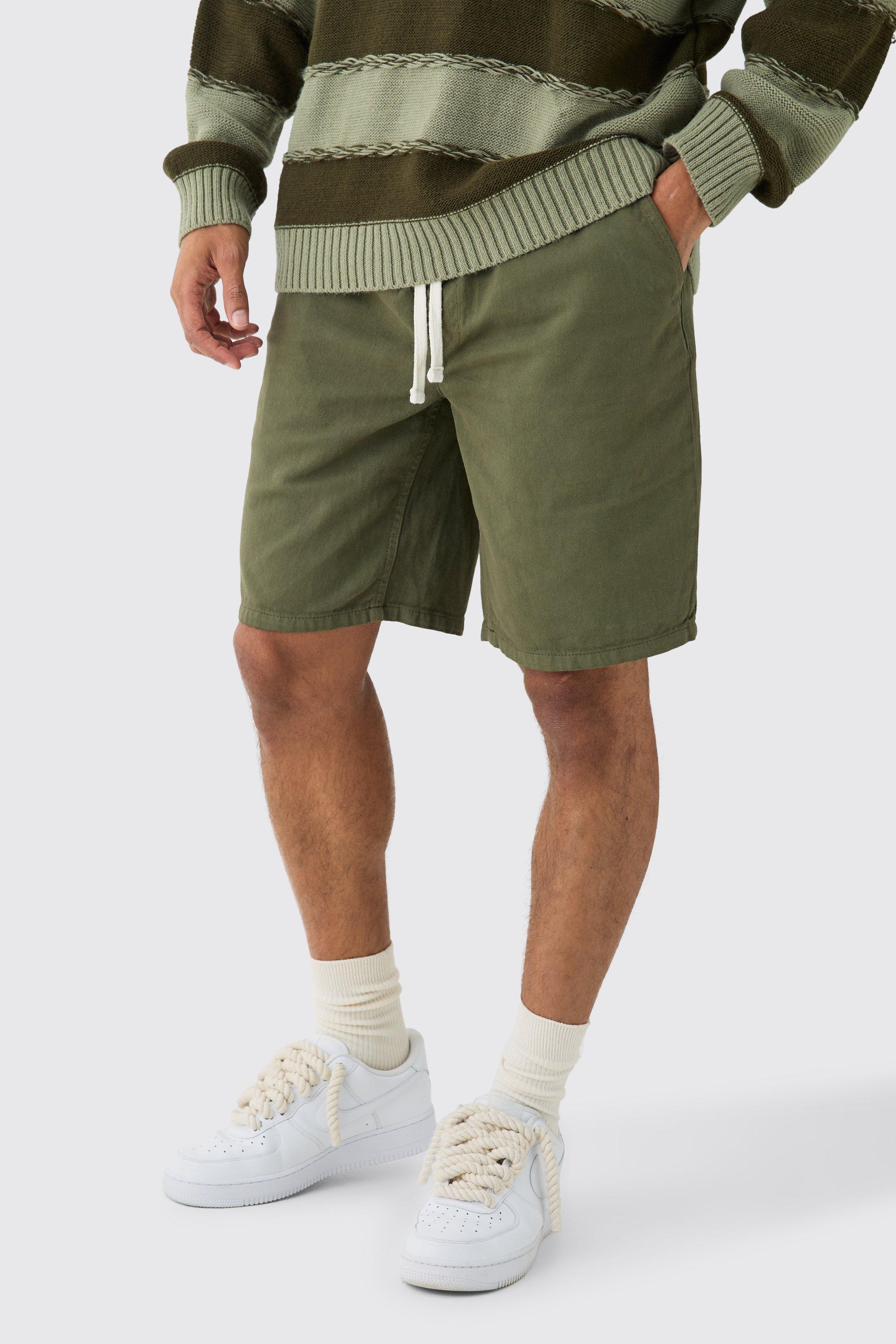 Elastic Waist Drawcord Detail Slim Fit Shorts In Khaki, Verde