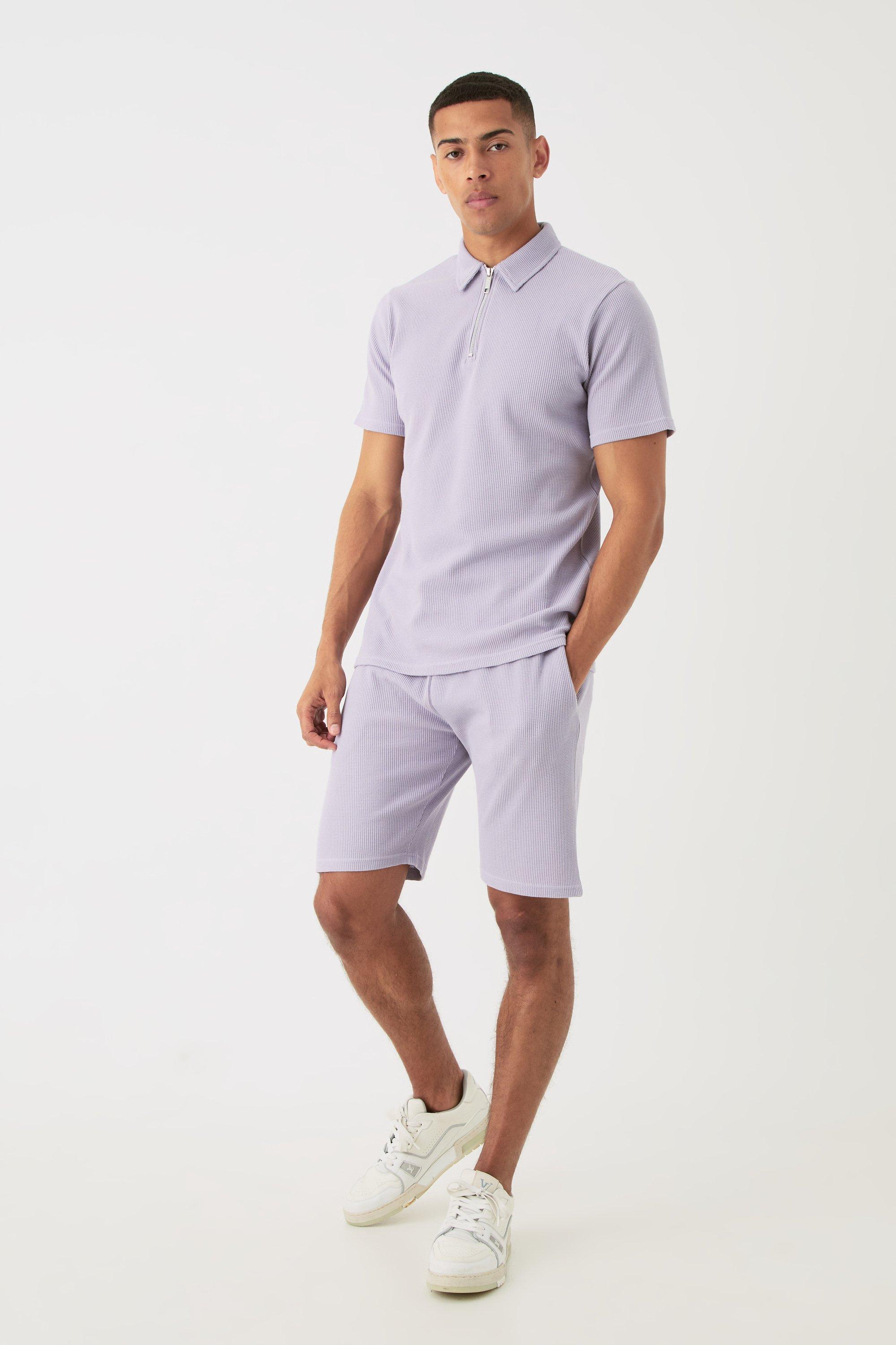 Mens Purple Slim Fit Waffle Polo & Short Set, Purple