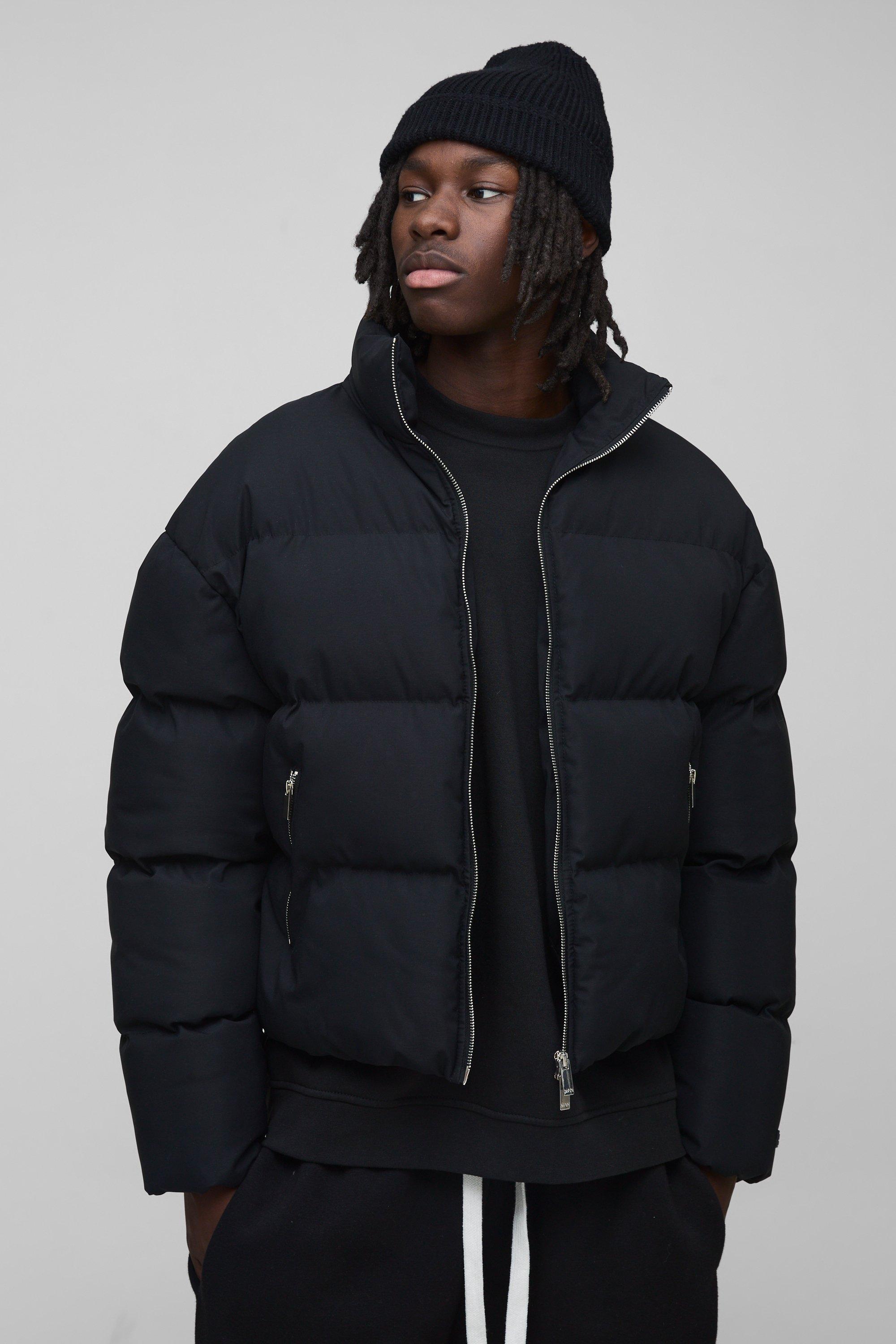 Mens Man Boxy Fit Funnel Neck Puffer Coat In Black, Black