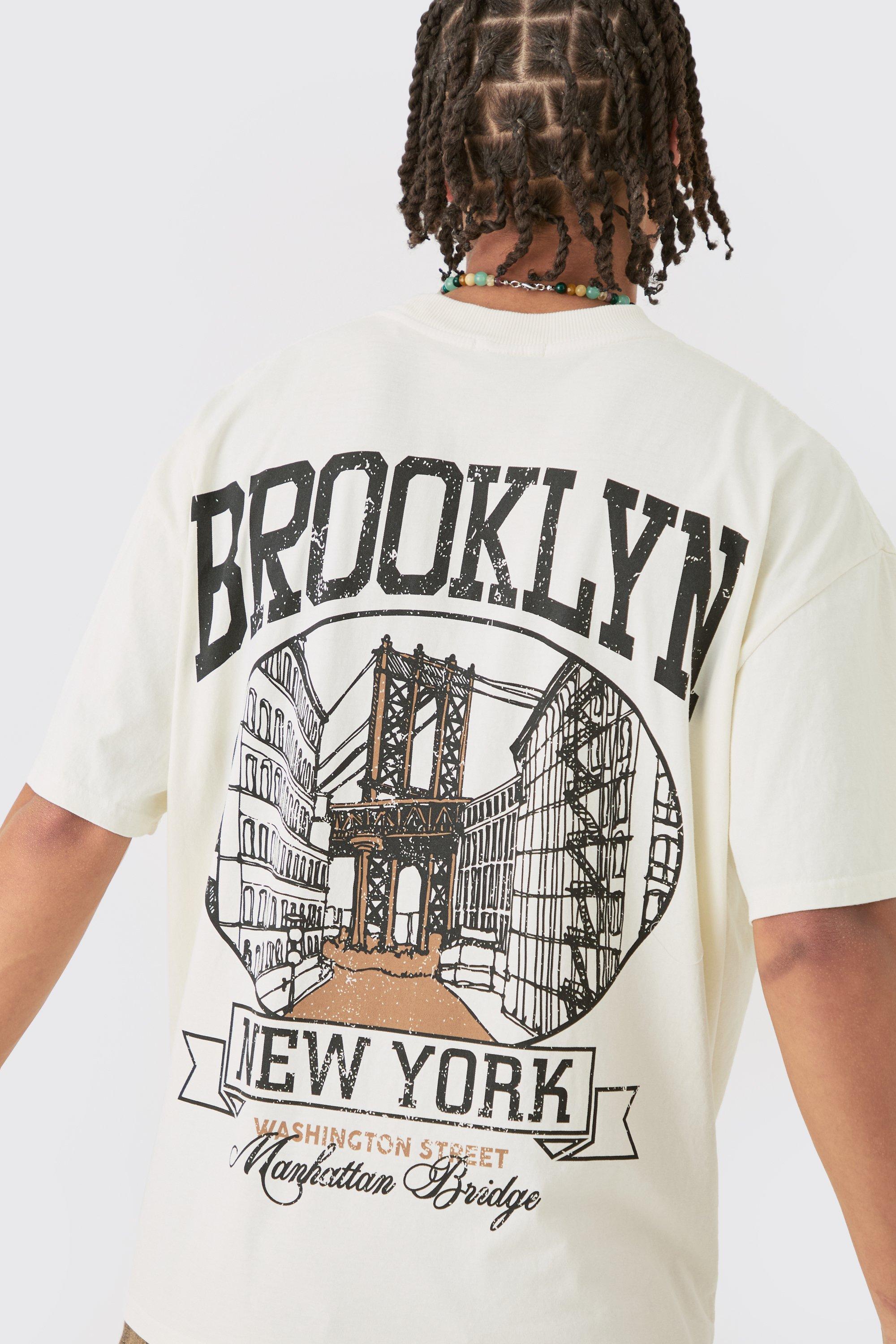 Mens Cream Oversized Brooklyn Stencil Washed Back Print T-shirt, Cream