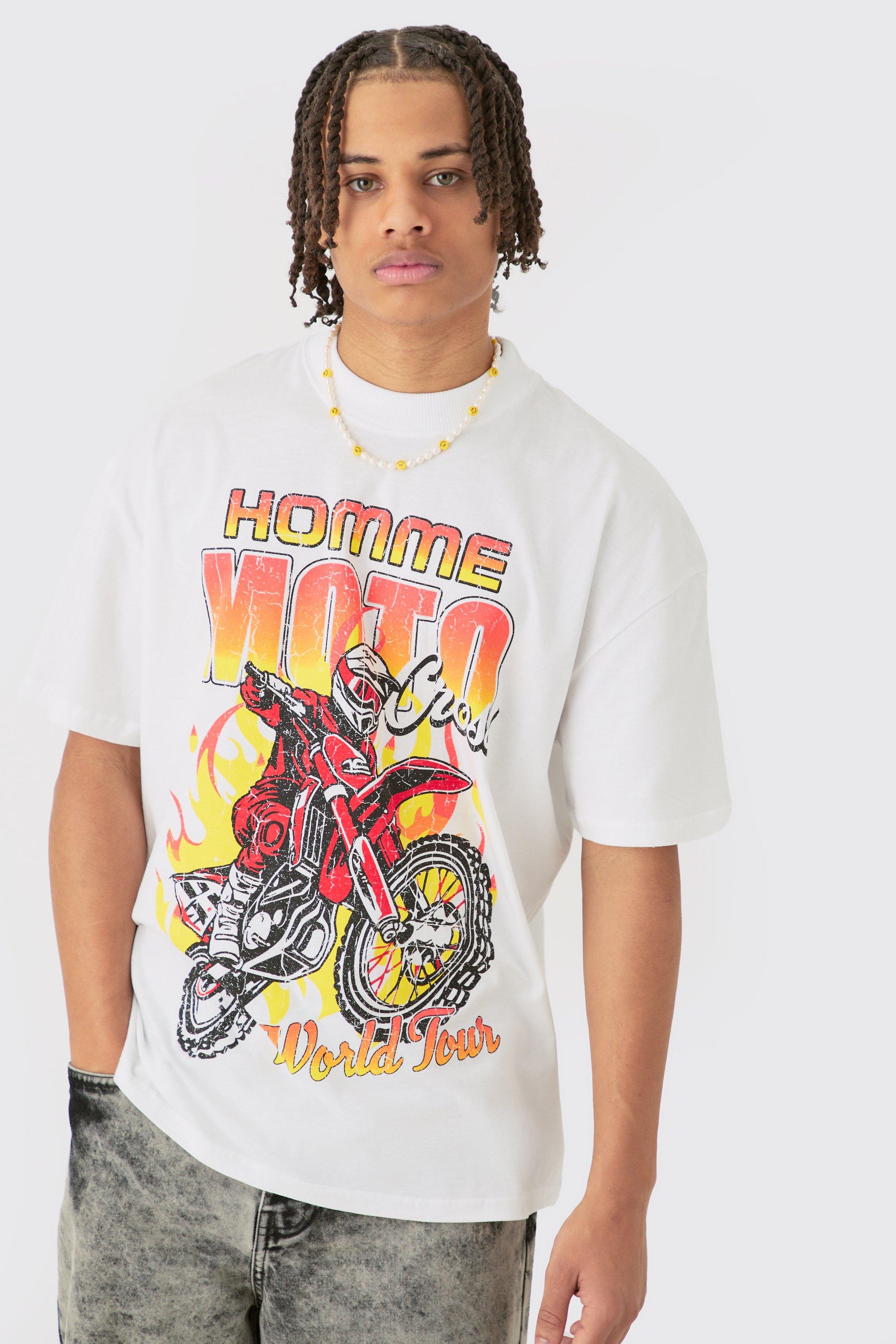 Image of Oversized Homme Moto Print T-shirt, Bianco