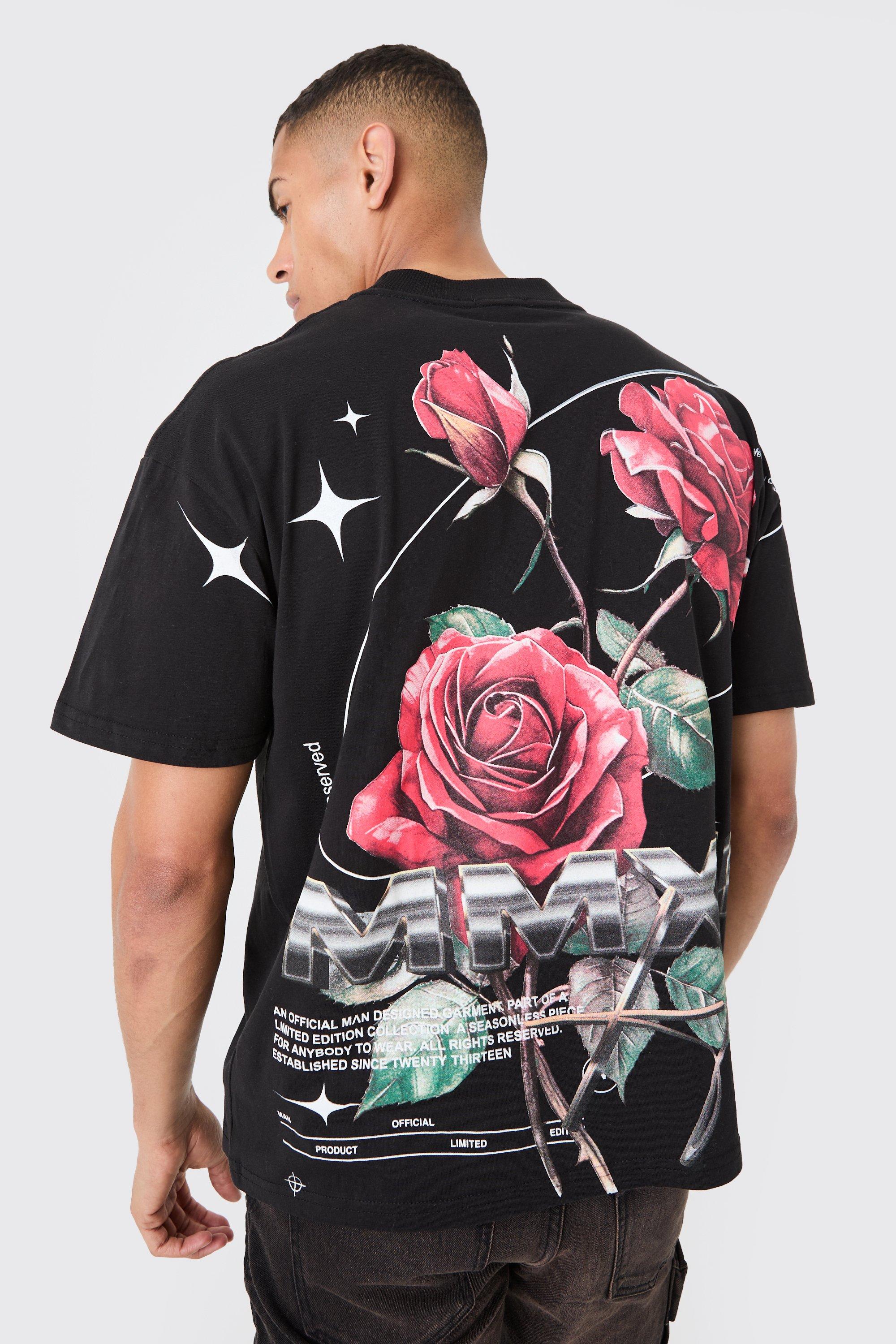 Image of Oversized Large Scale Rose Graphic T-shirt, Nero