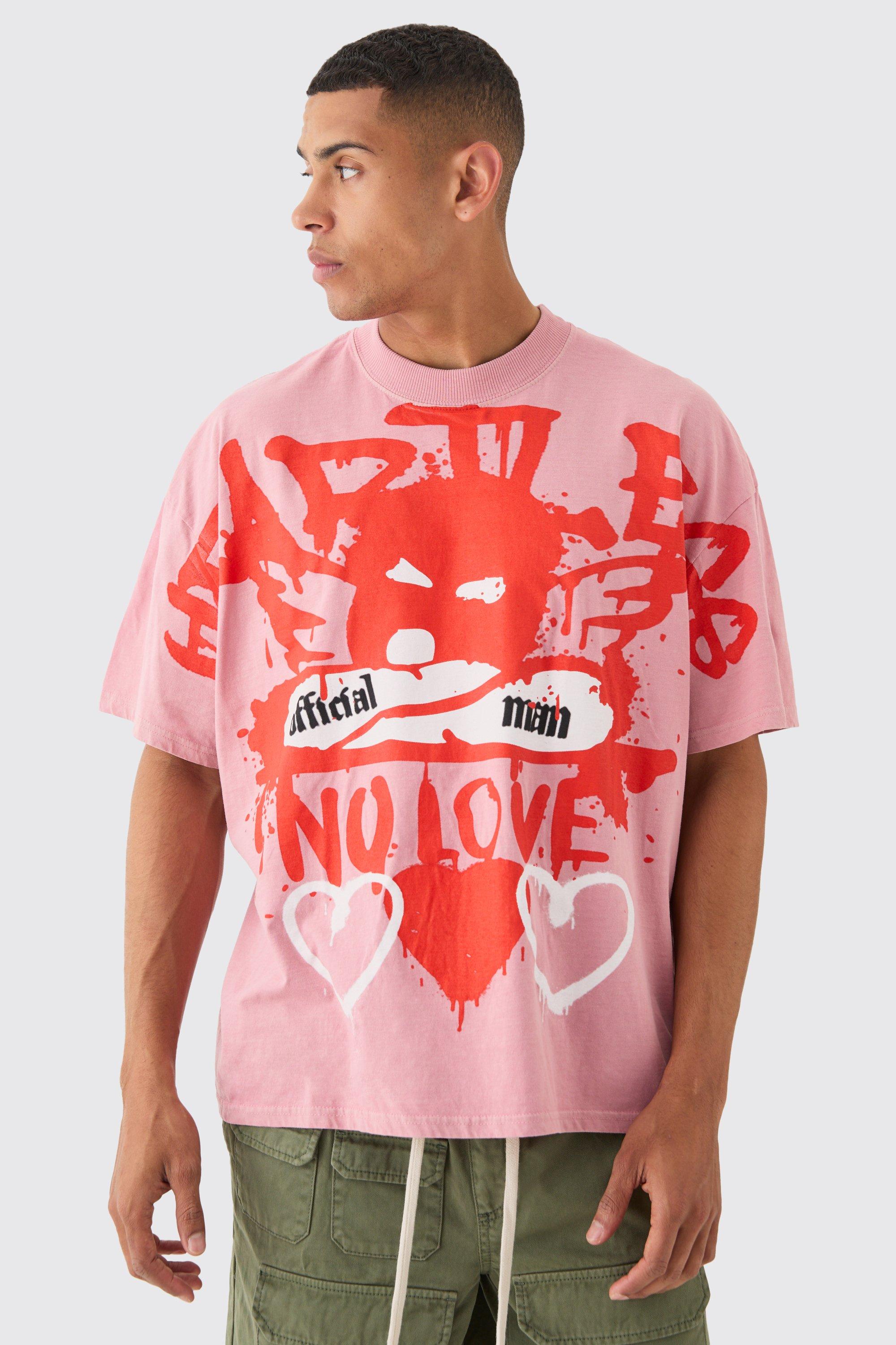 Mens Pink Oversized Large Scale Heartless Print T-shirt, Pink