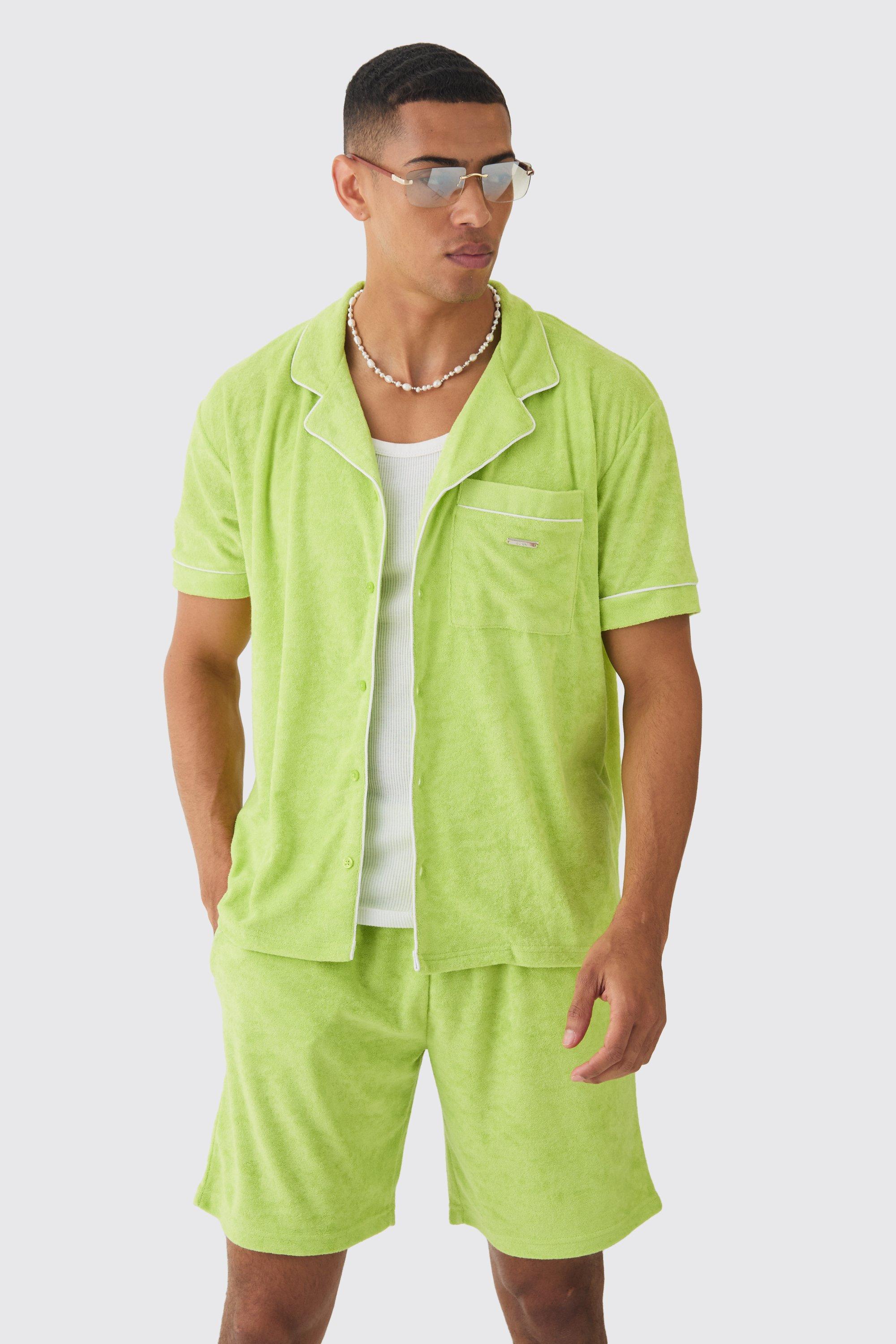 Set camicia in spugna con cordoncino a contrasto & pantaloncini, Verde