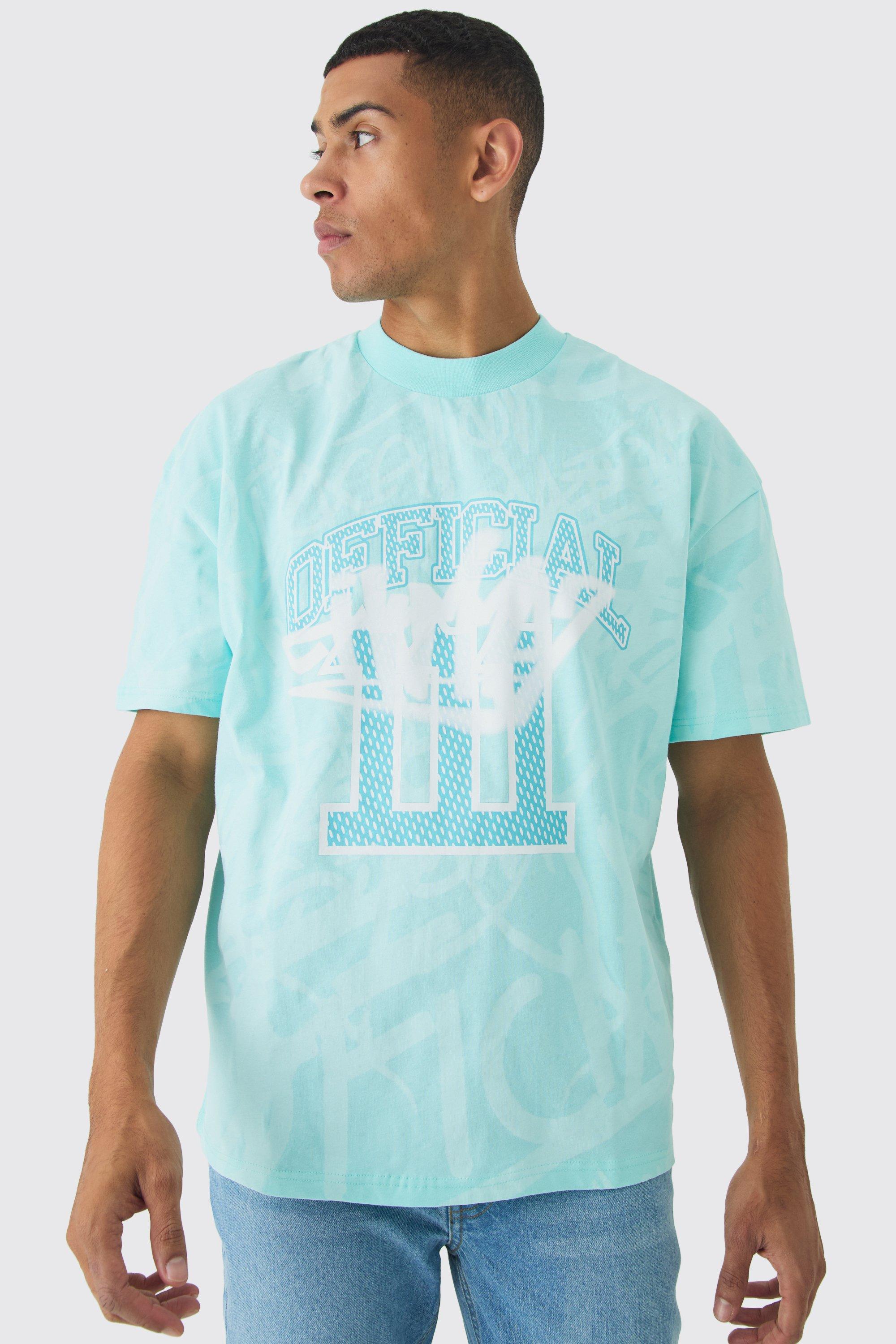 T-shirt oversize con stampa Official stile Graffiti, Azzurro