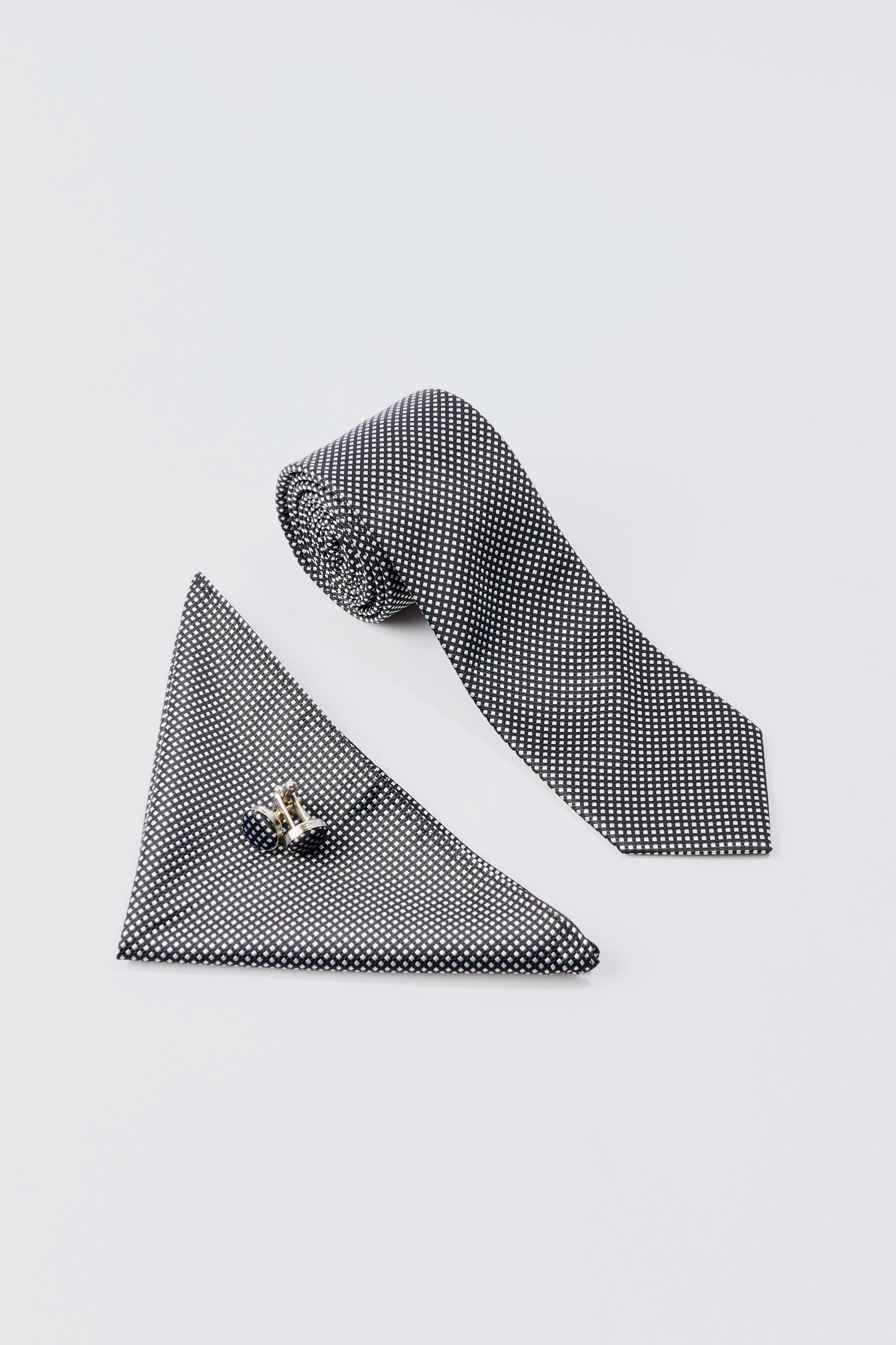 Mens Slim Tie, Pocket Square And Cuff Links Set In Black, Black