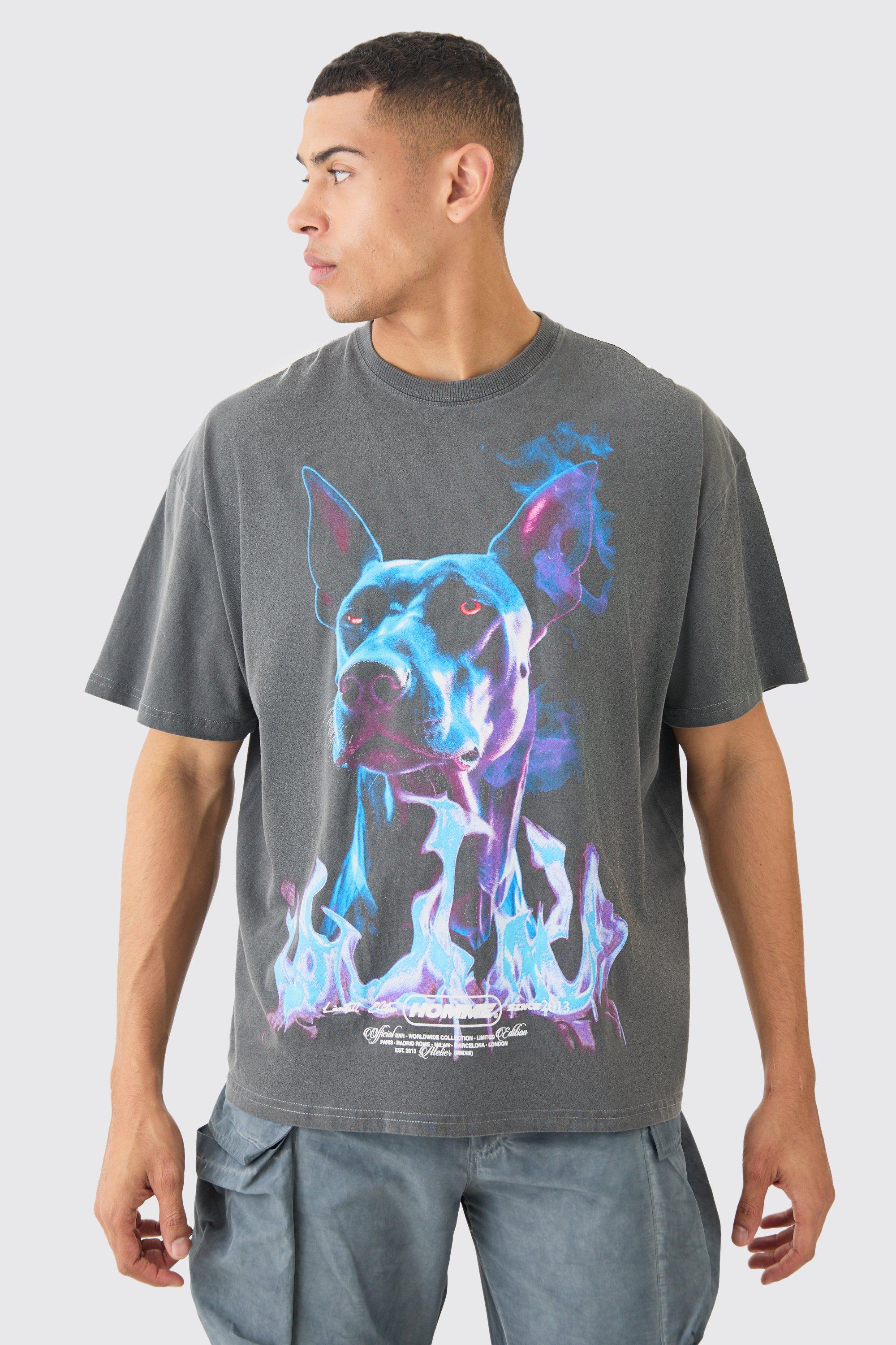 Image of Oversized Extended Neck Dog Graphic Wash T-shirt, Grigio