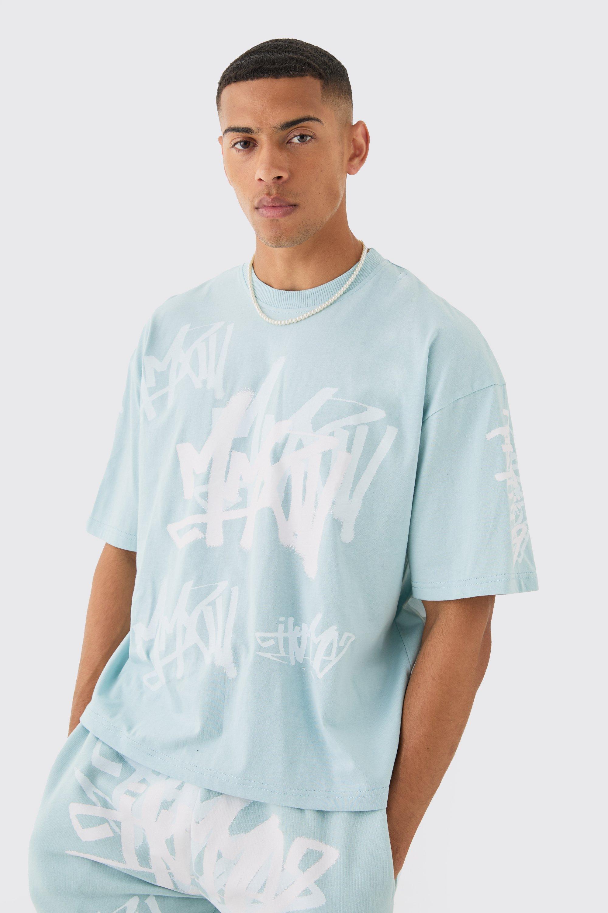 Image of Boxy Graffiti Printed T-shirt, Azzurro