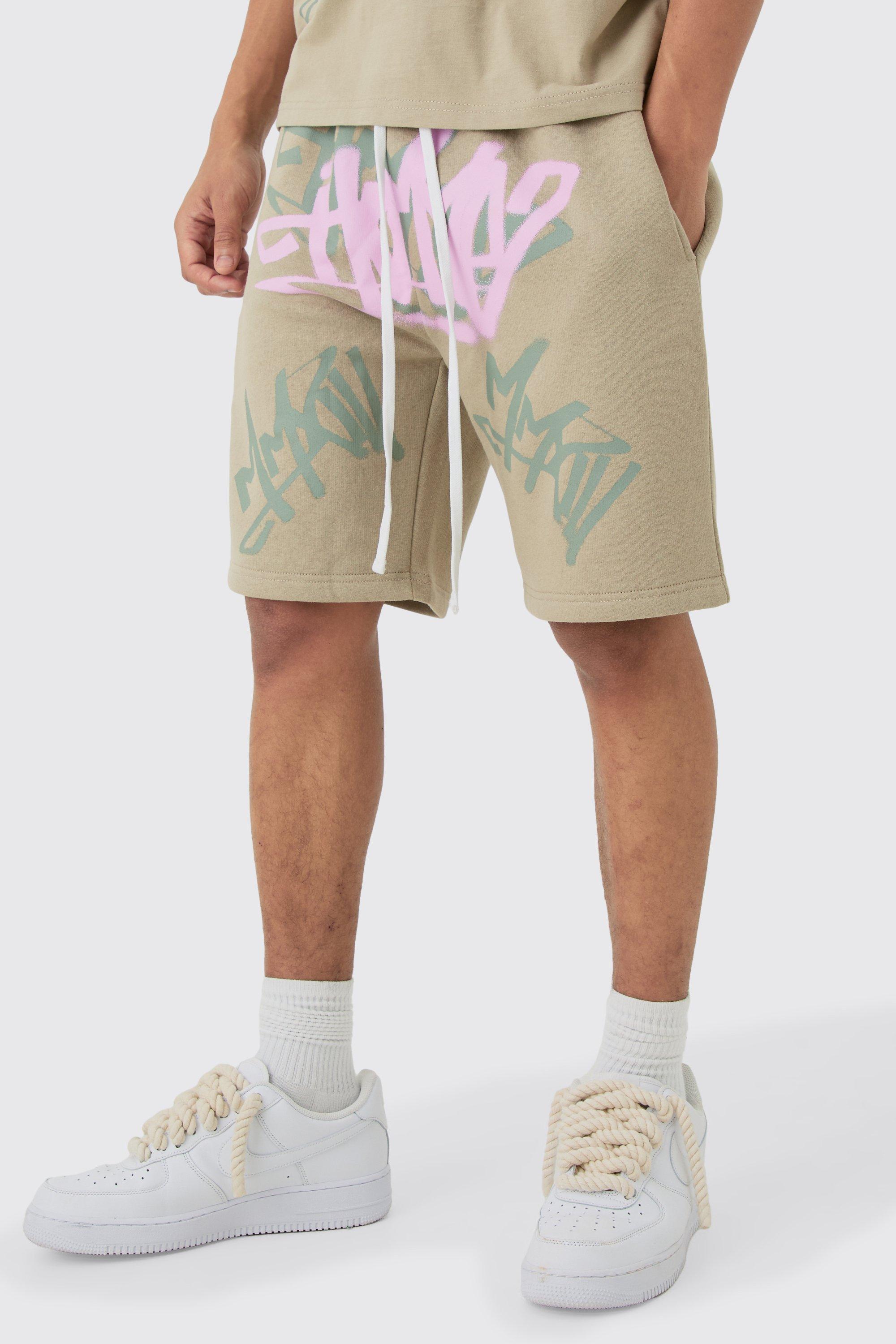 Image of Loose Fit Graffiti Printed Jersey Shorts, Verde