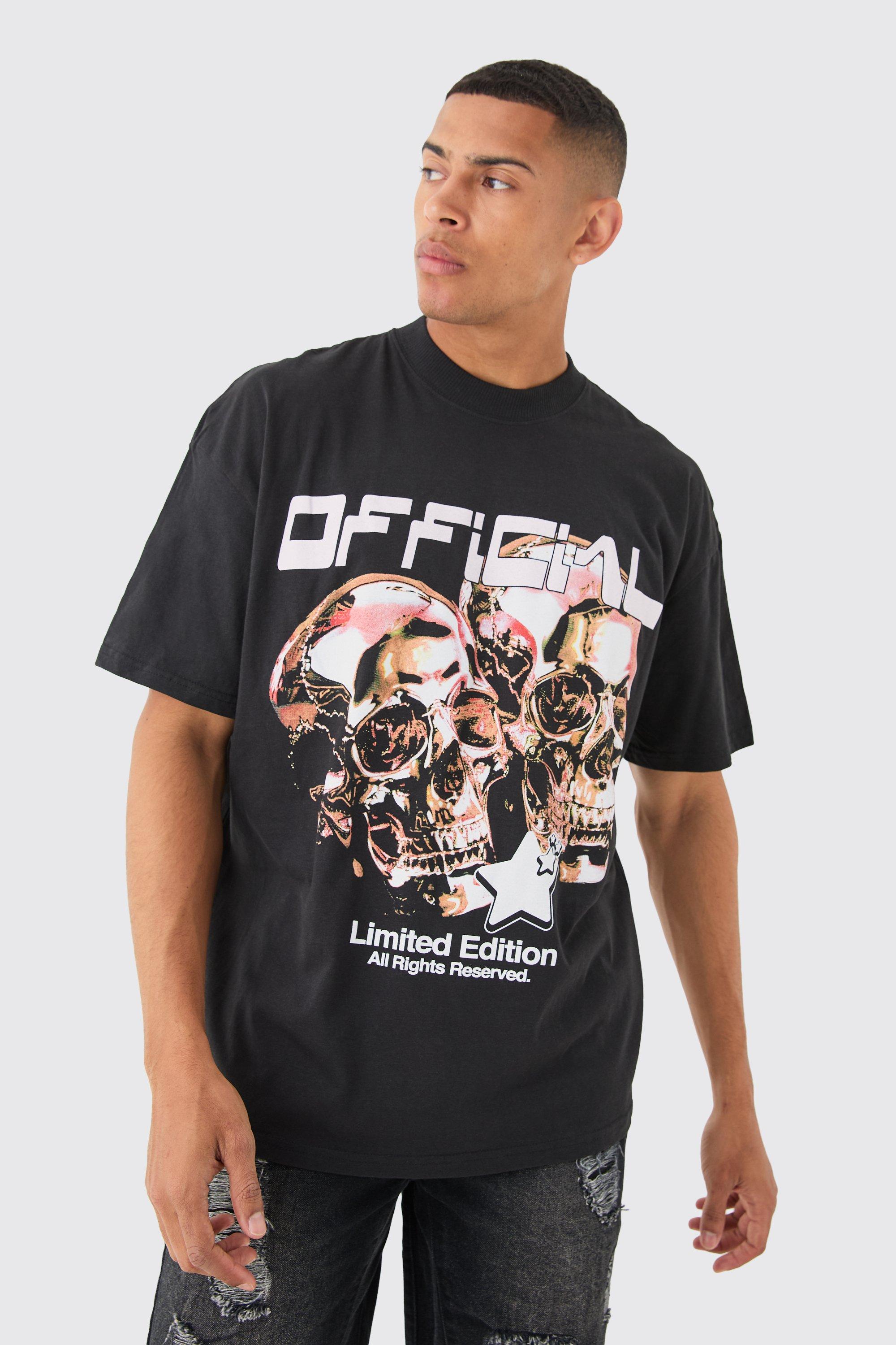 Image of Oversized Extended Neck Skull Graphic T-shirt, Nero