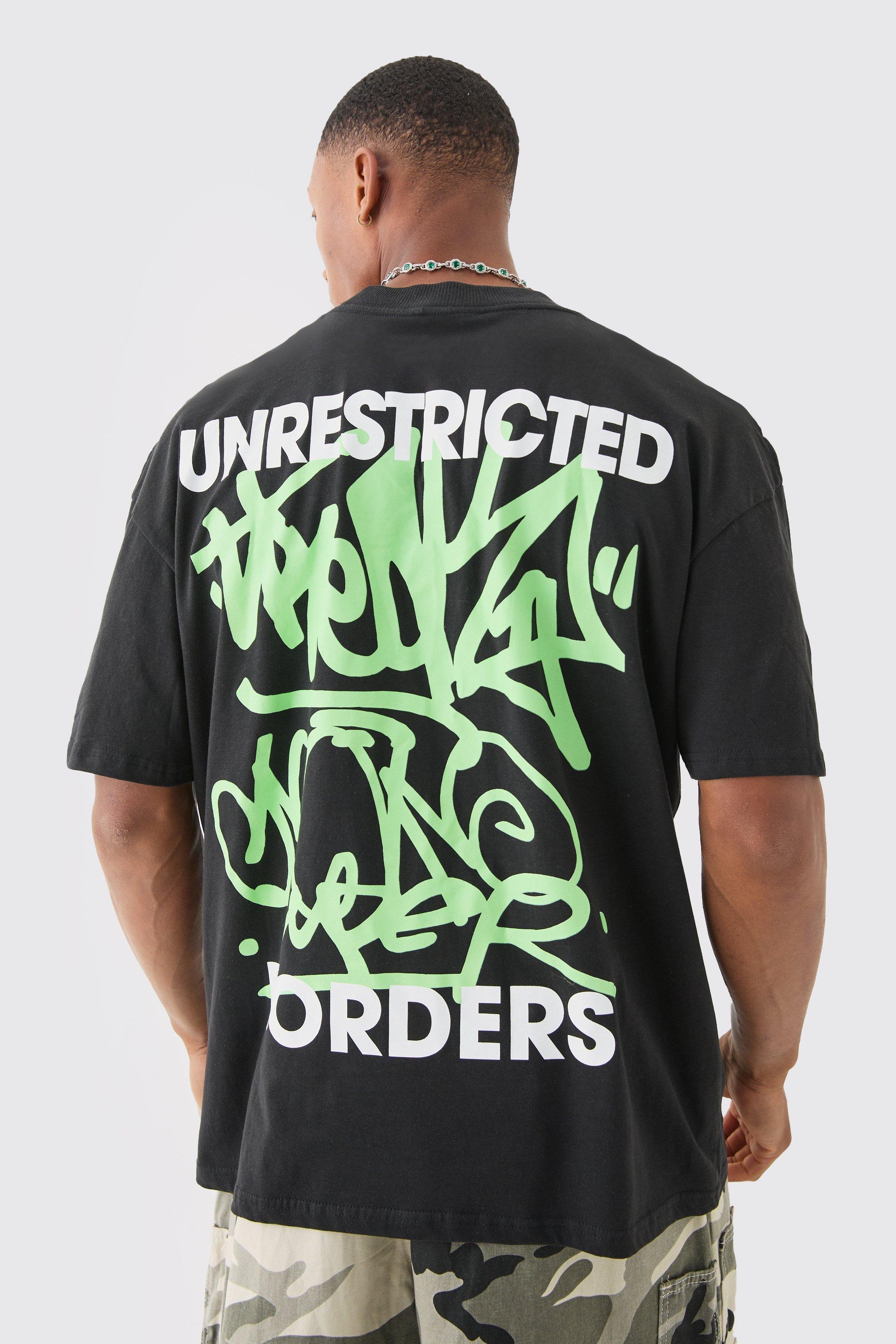 Image of Oversized Extended Neck Graffiti Print T-shirt, Nero