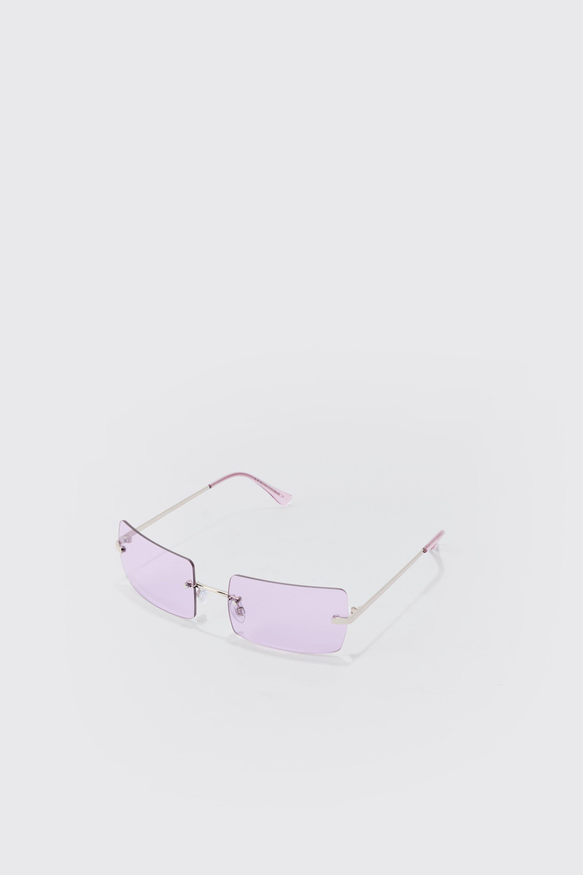 Mens Rectangular Rimless Sunglasses In Purple, Purple