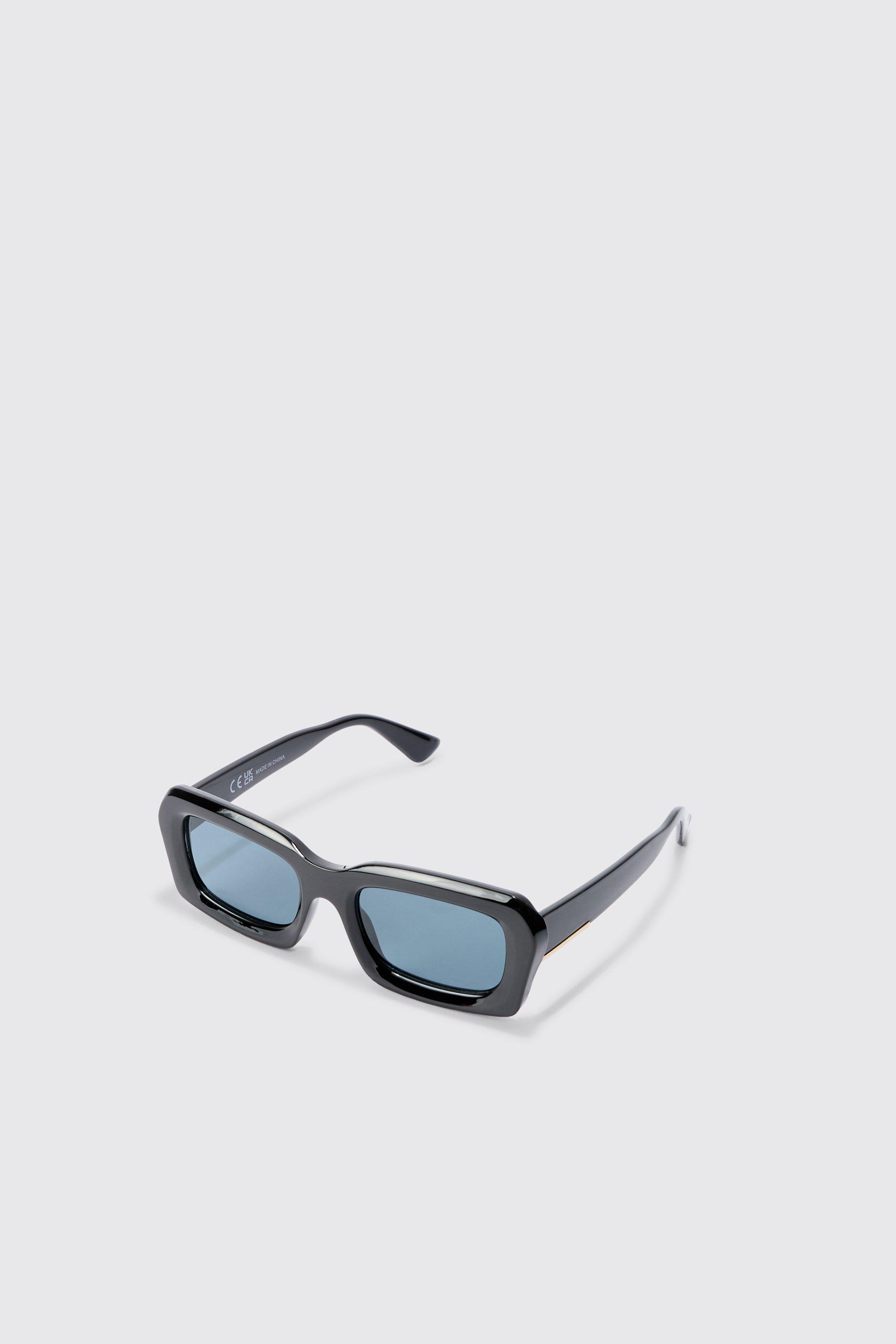 Mens Rectangular Metal Frame Sunglasses In Black, Black