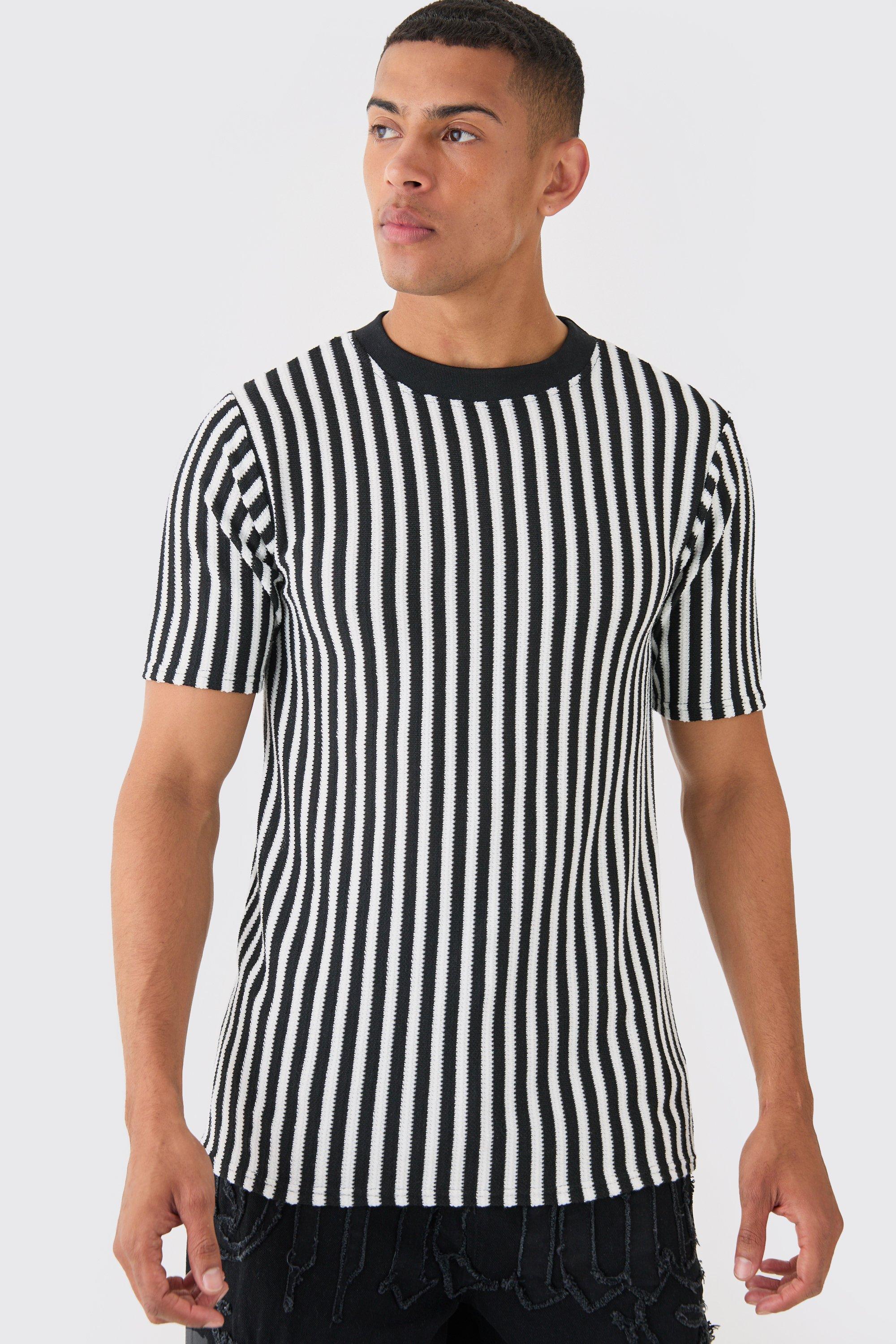 Image of Slim Fit Stripe Rib T-shirt, Nero