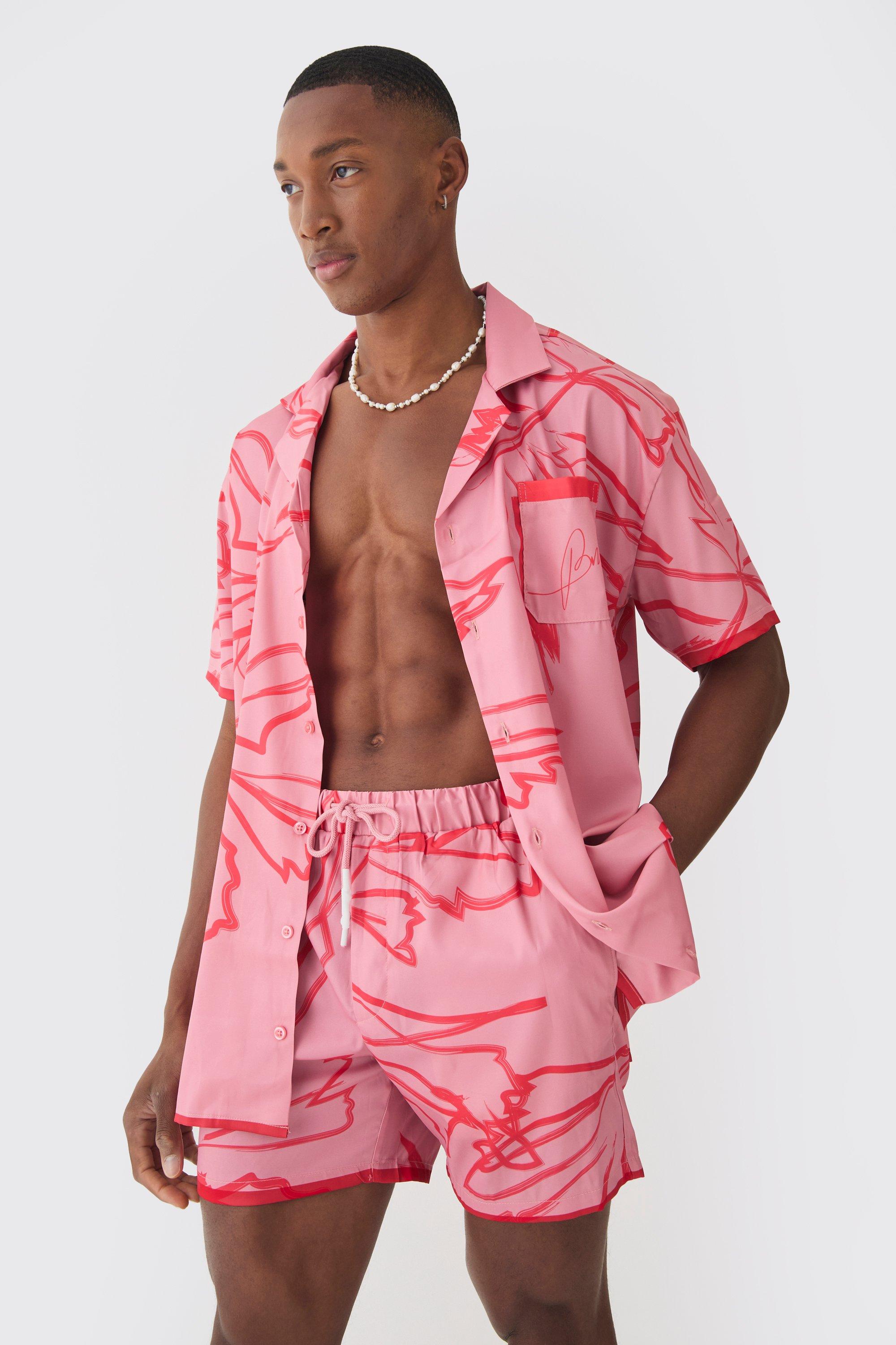 Mens Pink Short Sleeve Oversized Satin Tonal Palm Shirt & Short Set, Pink