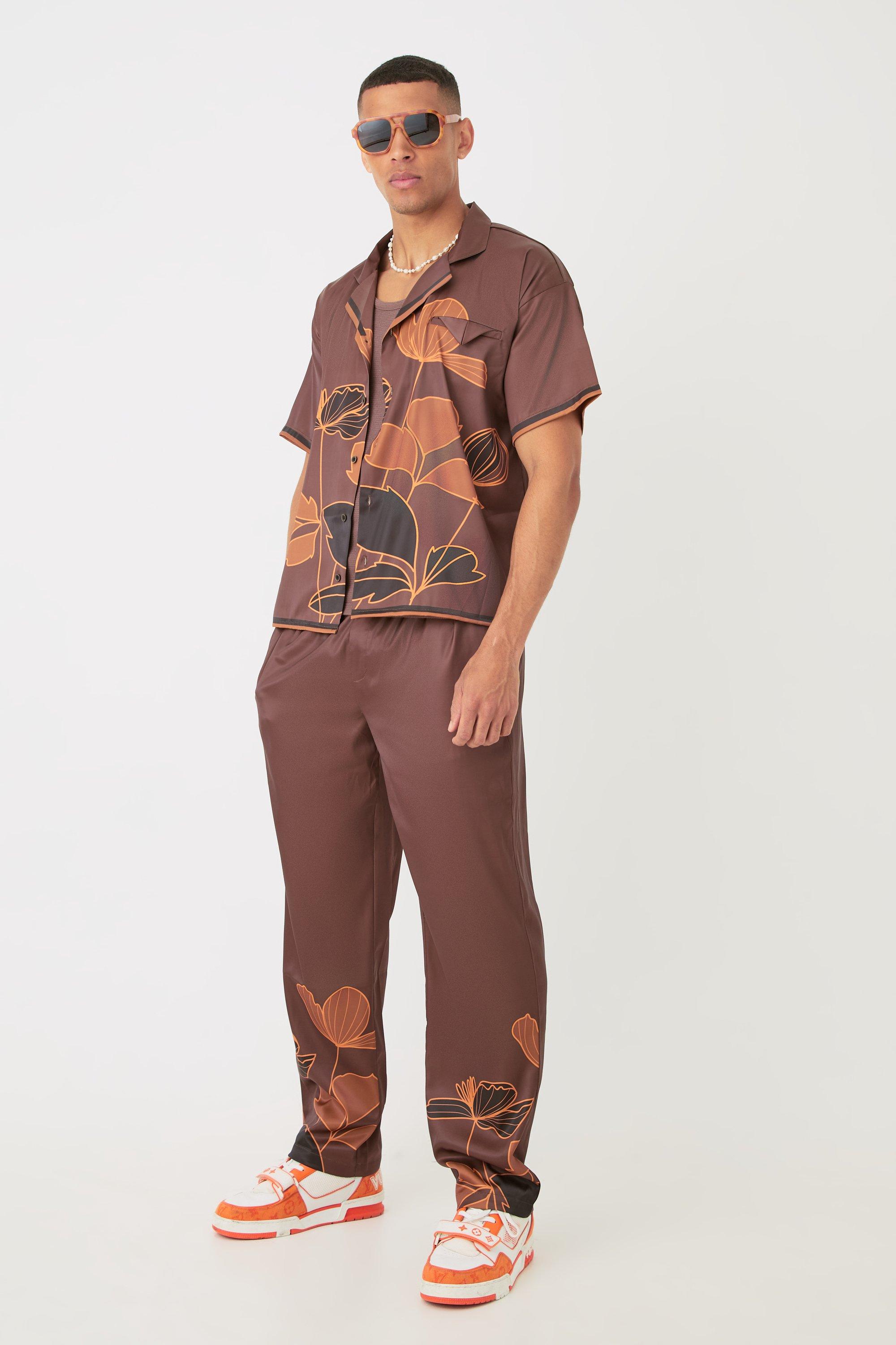 Mens Brown Short Sleeve Satin Boxy Floral Shirt & Trouser Set, Brown