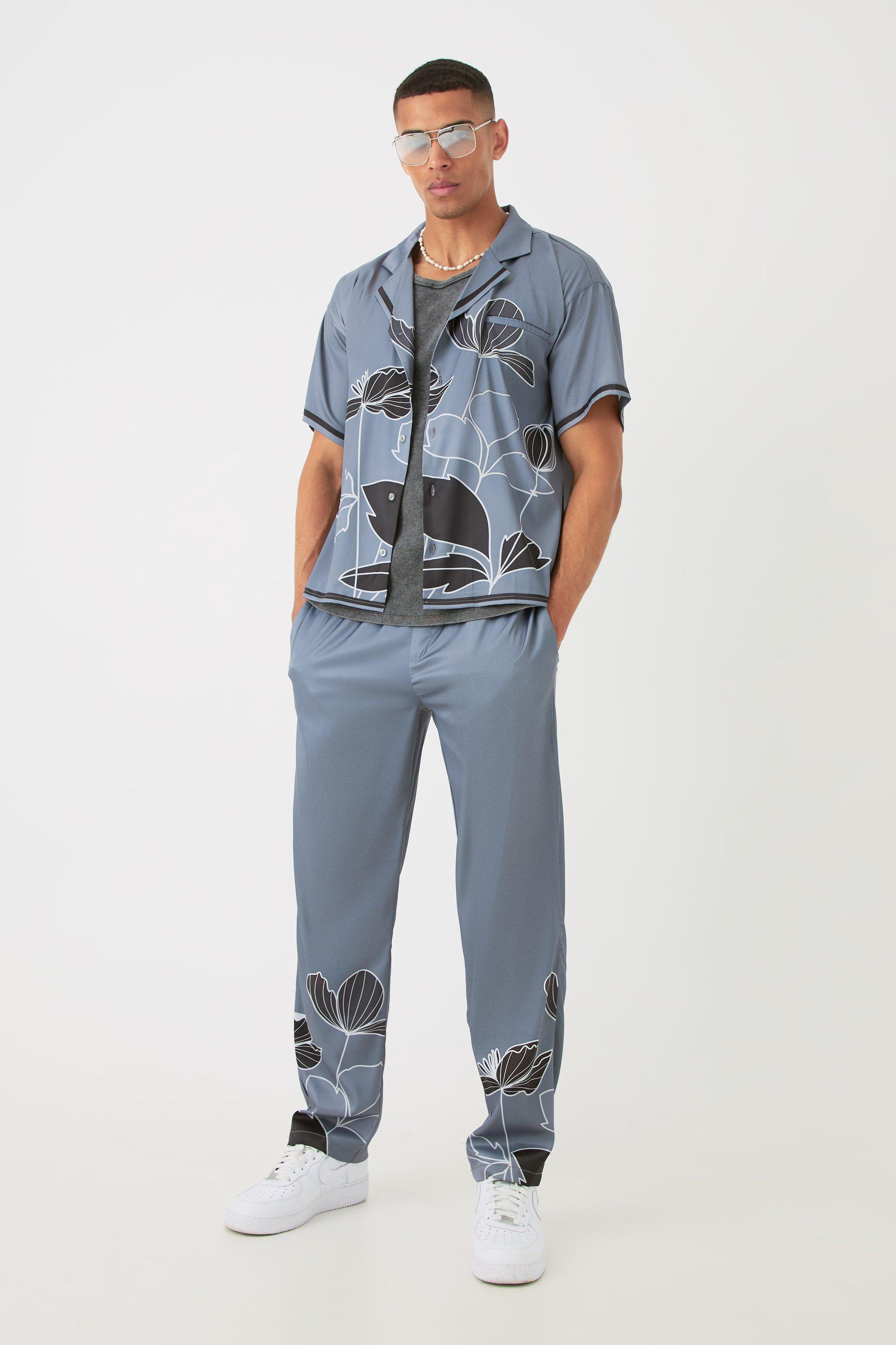 Short Sleeve Satin Boxy Floral Shirt & Trouser, Grigio