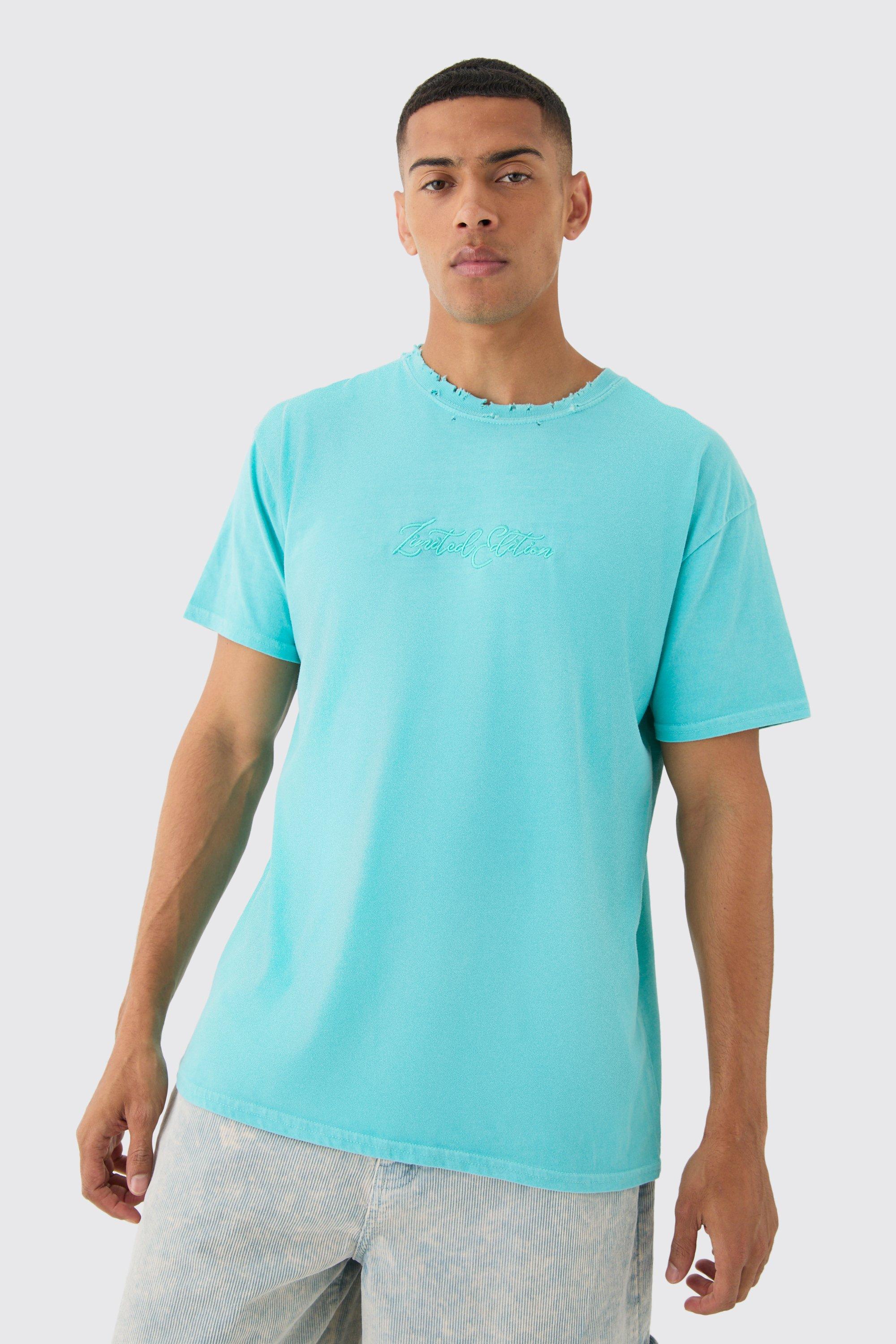 Image of Oversized Distressed Embroidered T-shirt, Azzurro