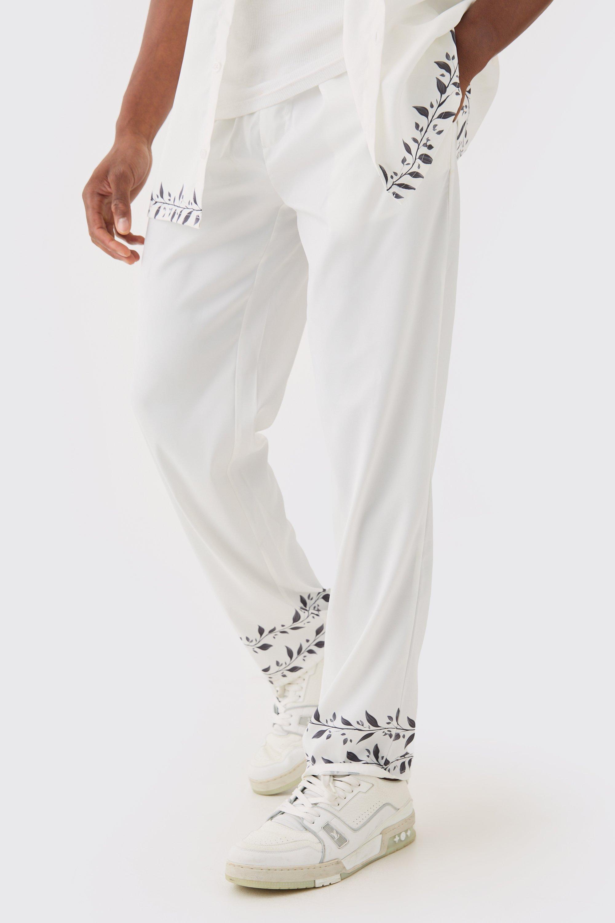 Mens White Elasticated Waist Satin Hem Detail Straight Trouser, White