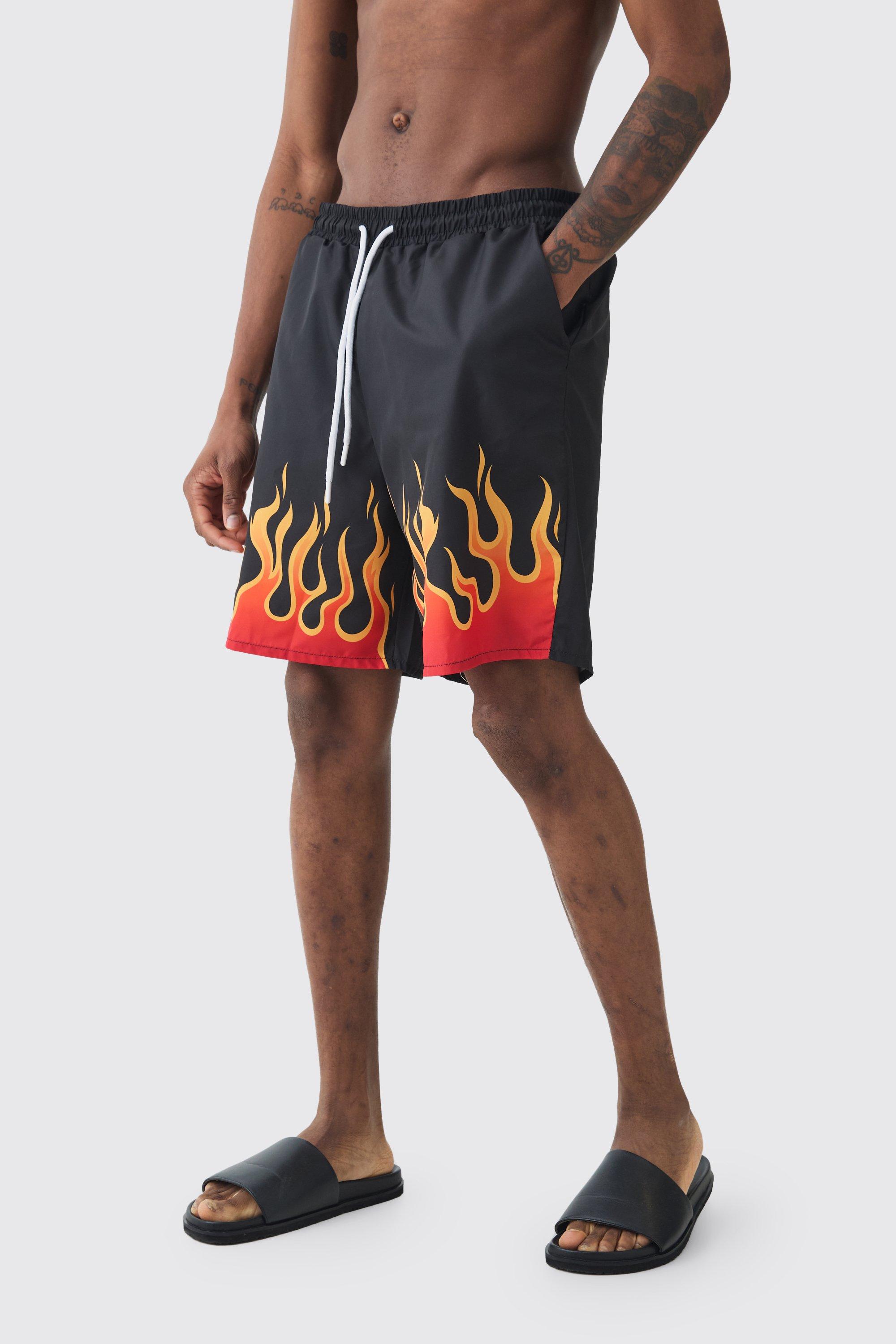 Mens Red Tall Flame Hem Print Swim Shorts, Red