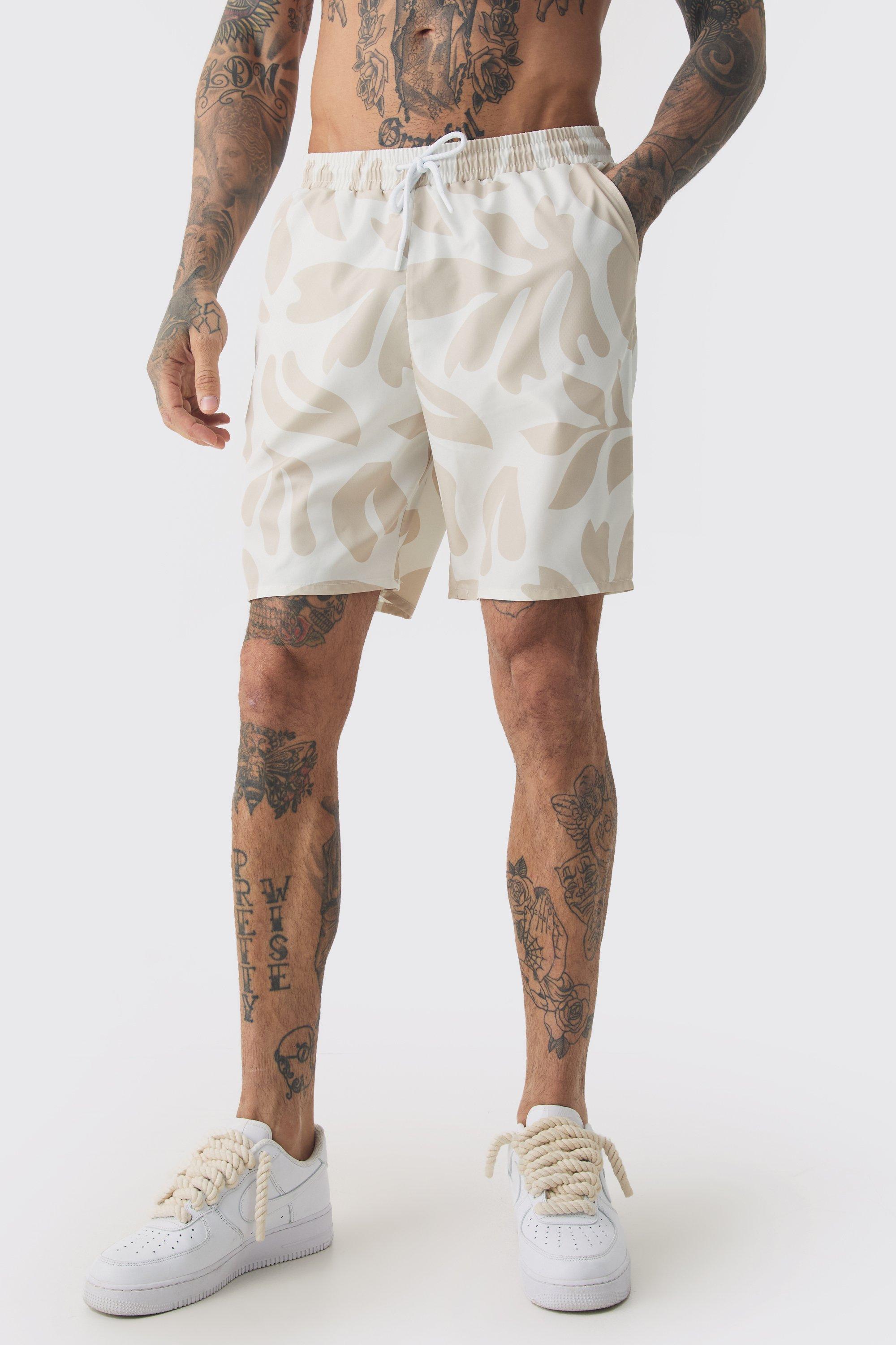 Mens Beige Tall Tonal Palm Printed Swim Shorts, Beige