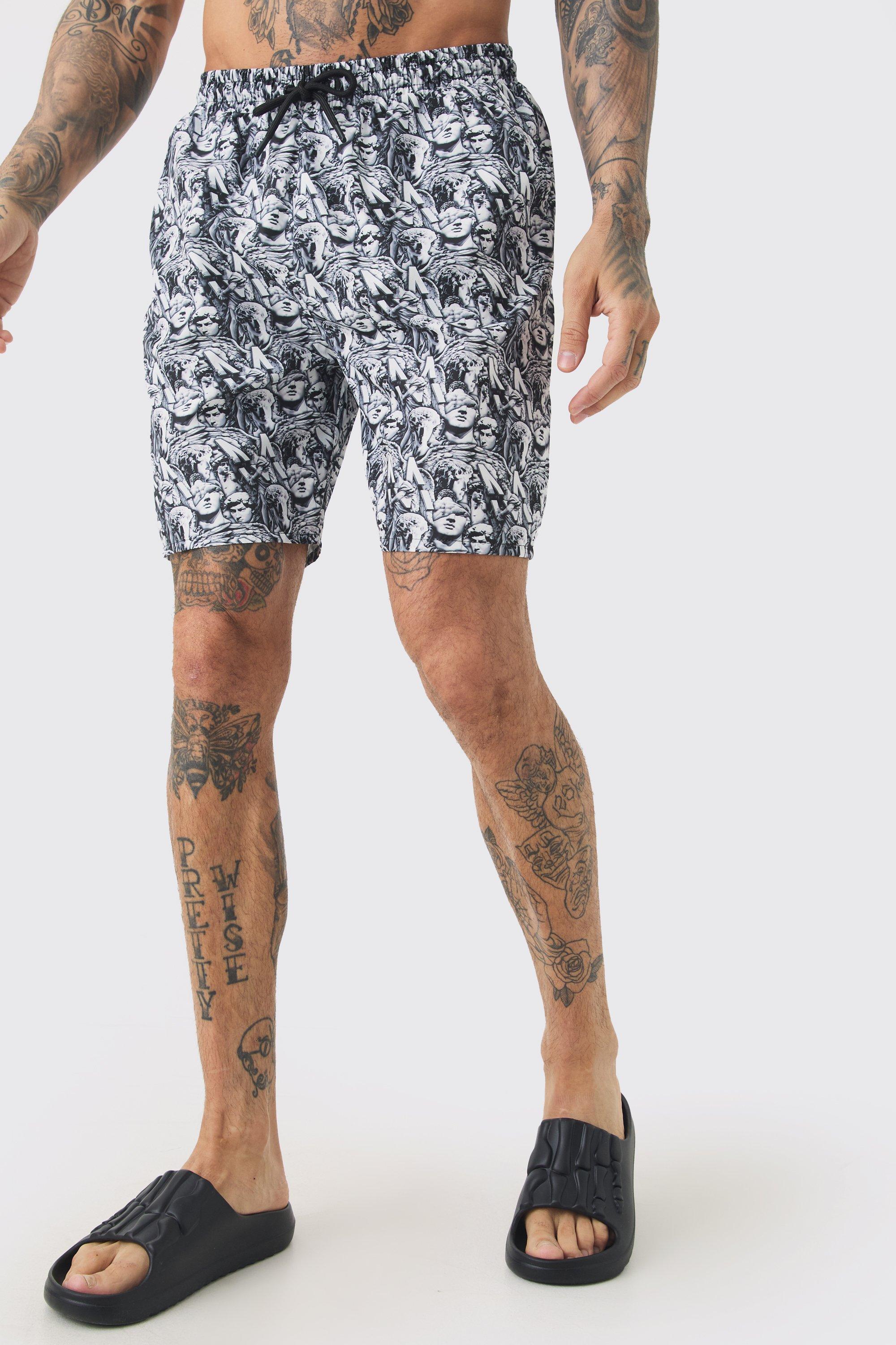 Mens Black Tall Renaissance Printed Swim Shorts, Black