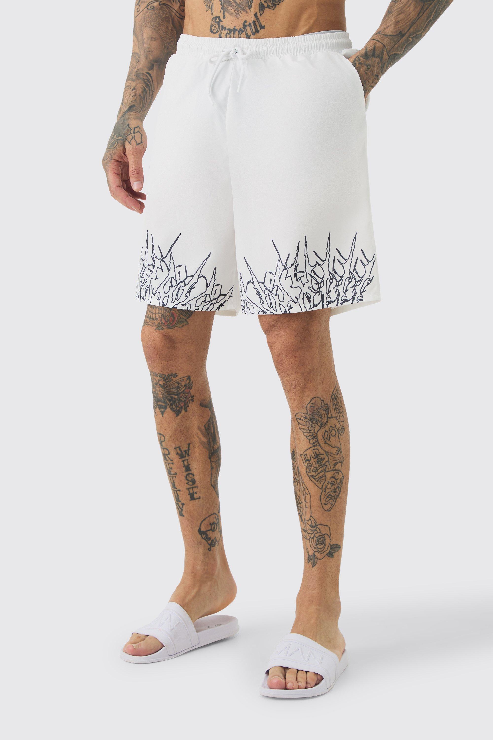 Mens White Tall Printed Hem Swim Shorts, White