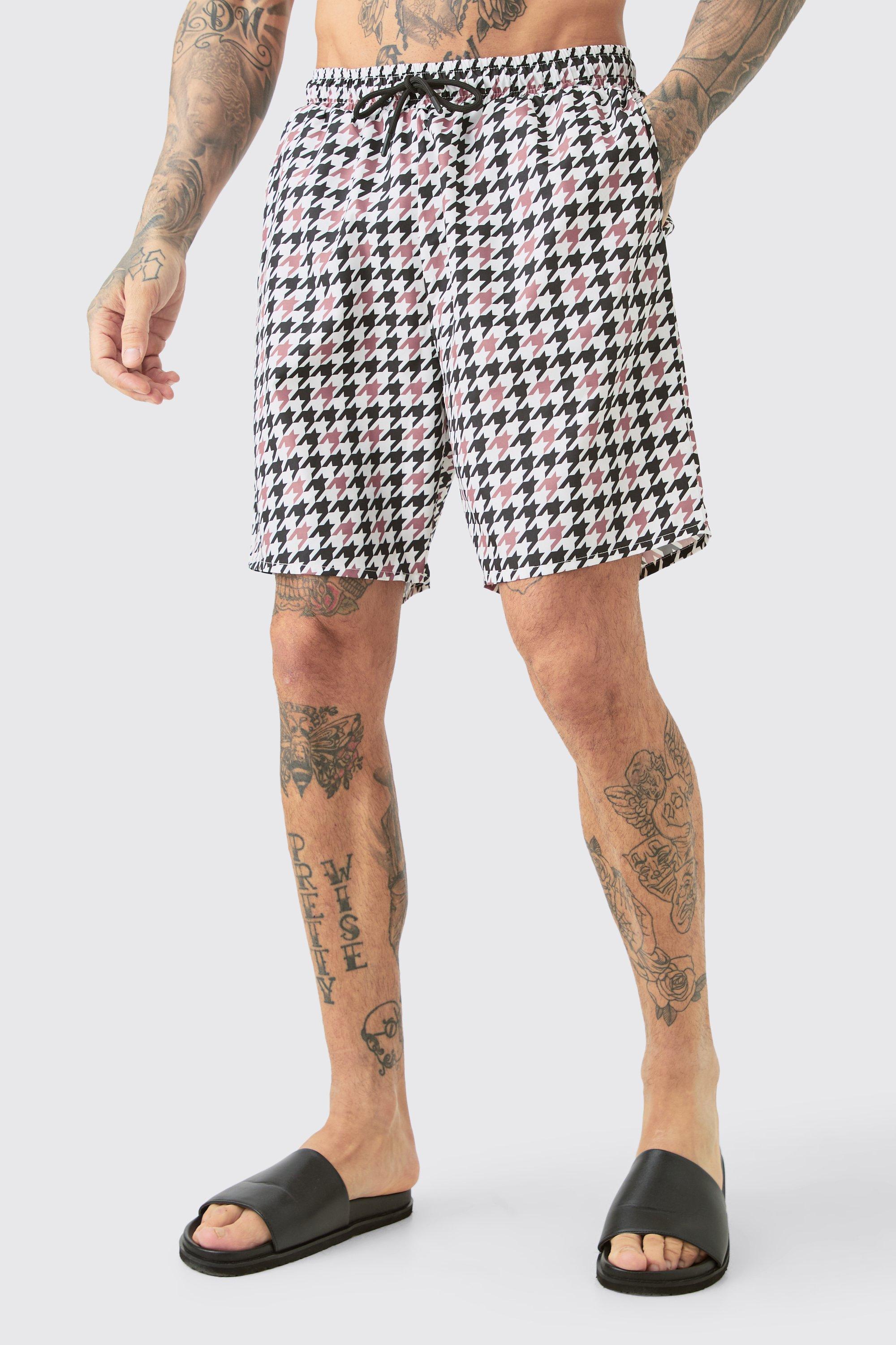 Mens White Tall Houndstooth Checked Printed Swim Shorts, White