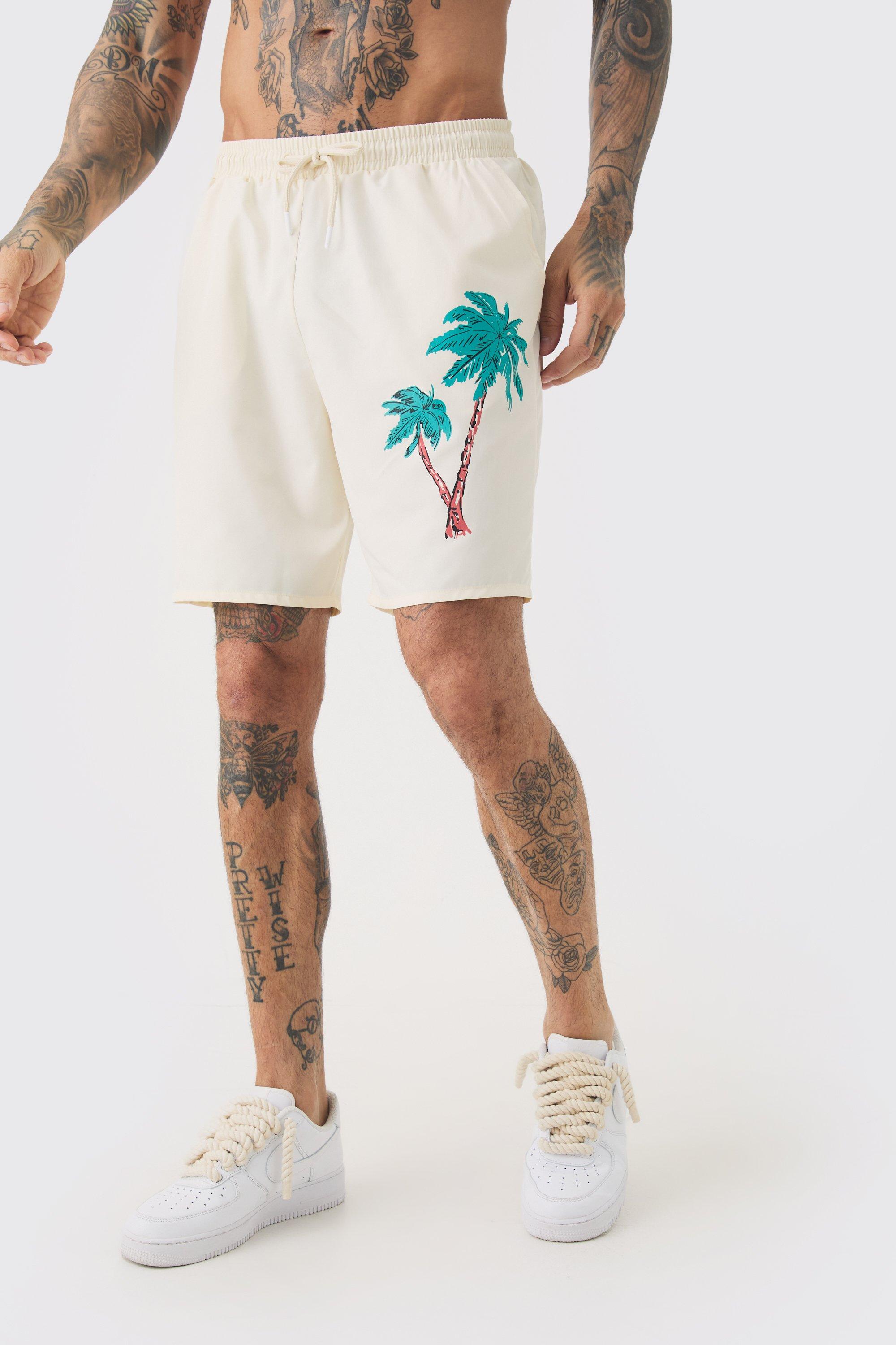 Mens Cream Tall Palm Motif Printed Swim Shorts, Cream