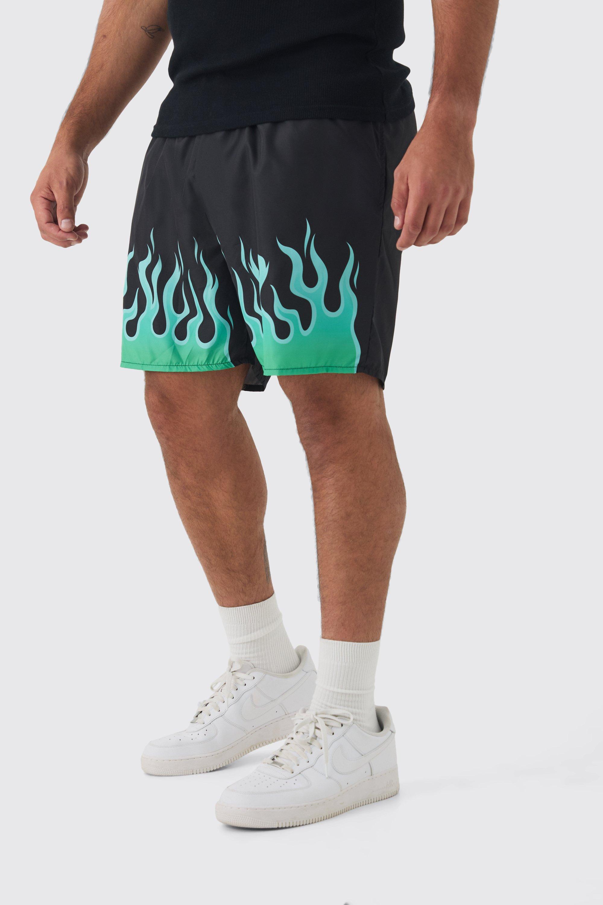 Mens Green Plus Flame Hem Print Swim Shorts, Green