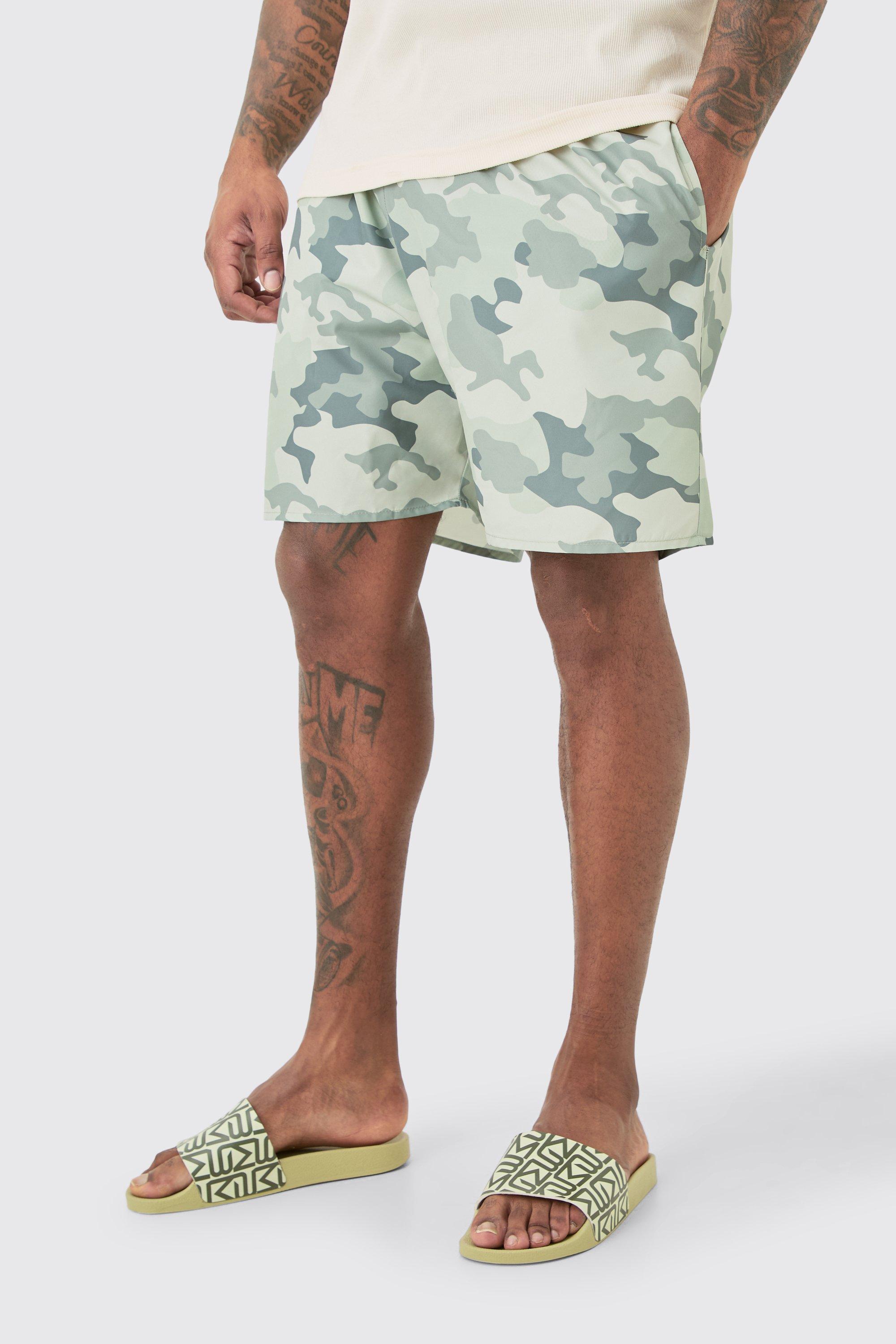 Mens Green Plus Khaki Camo Printed Swim Shorts, Green