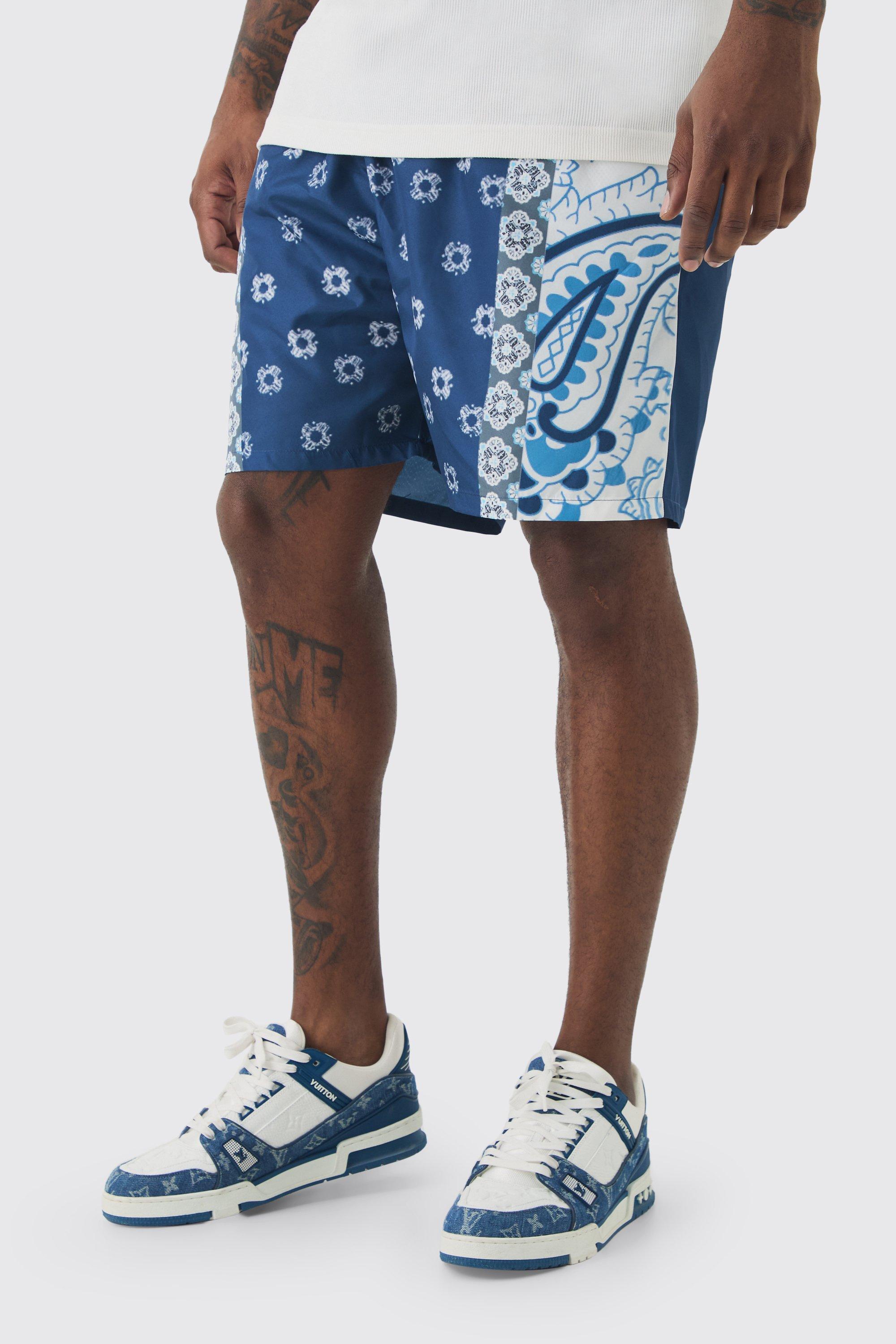 Mens Navy Plus Bandanna Printed Swim Shorts, Navy