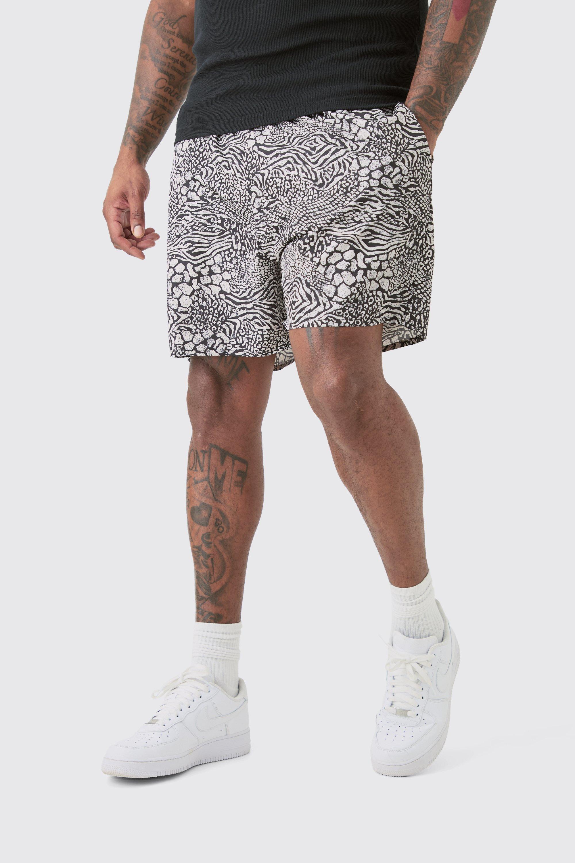 Mens Beige Plus Mixed Animal Printed Swim Shorts, Beige