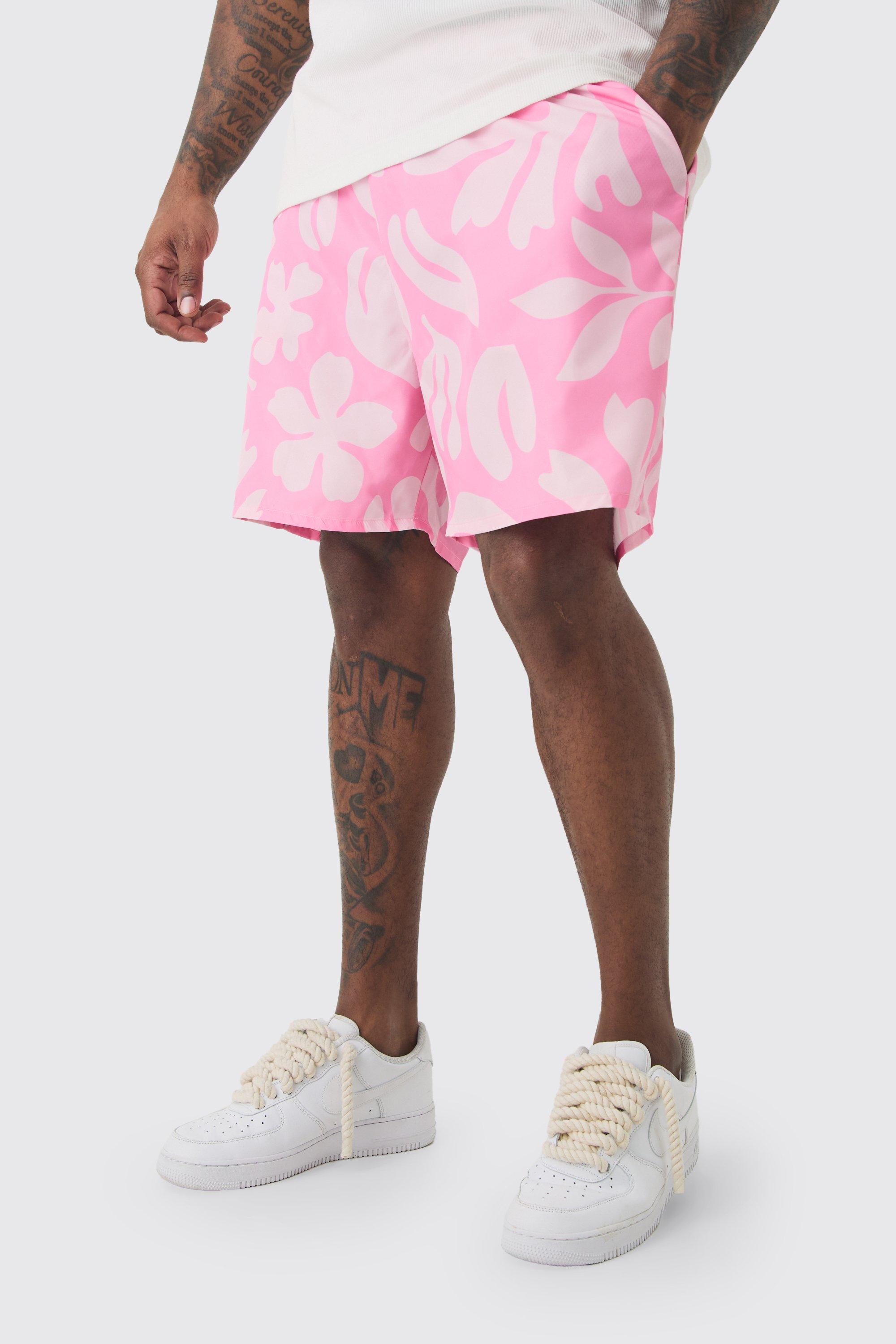 Mens Pink Plus Tonal Palm Printed Swim Shorts, Pink