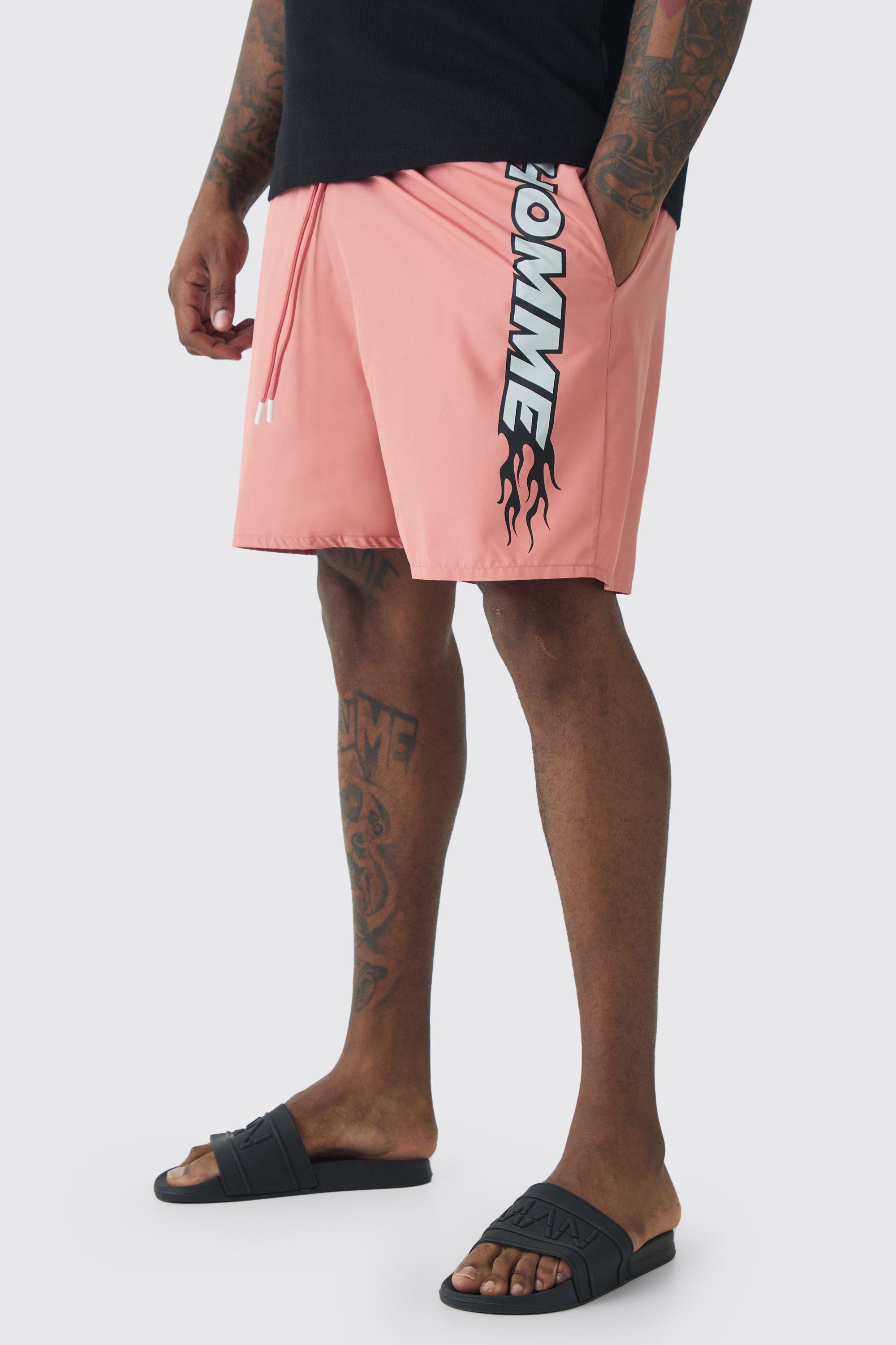 Mens Pink Plus Homme Slogan Printed Swim Shorts, Pink