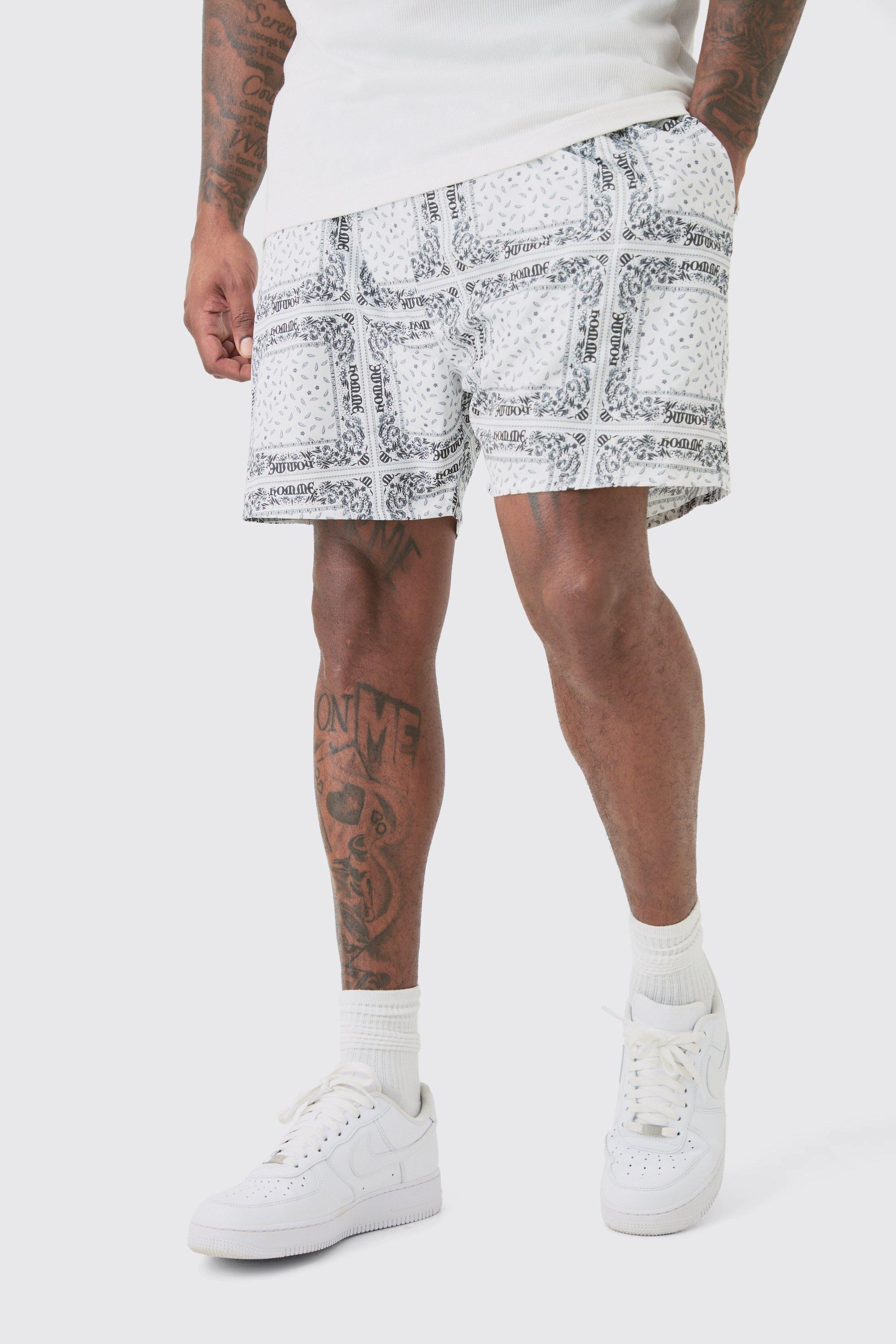 Mens White Plus Bandanna Printed Swim Shorts, White